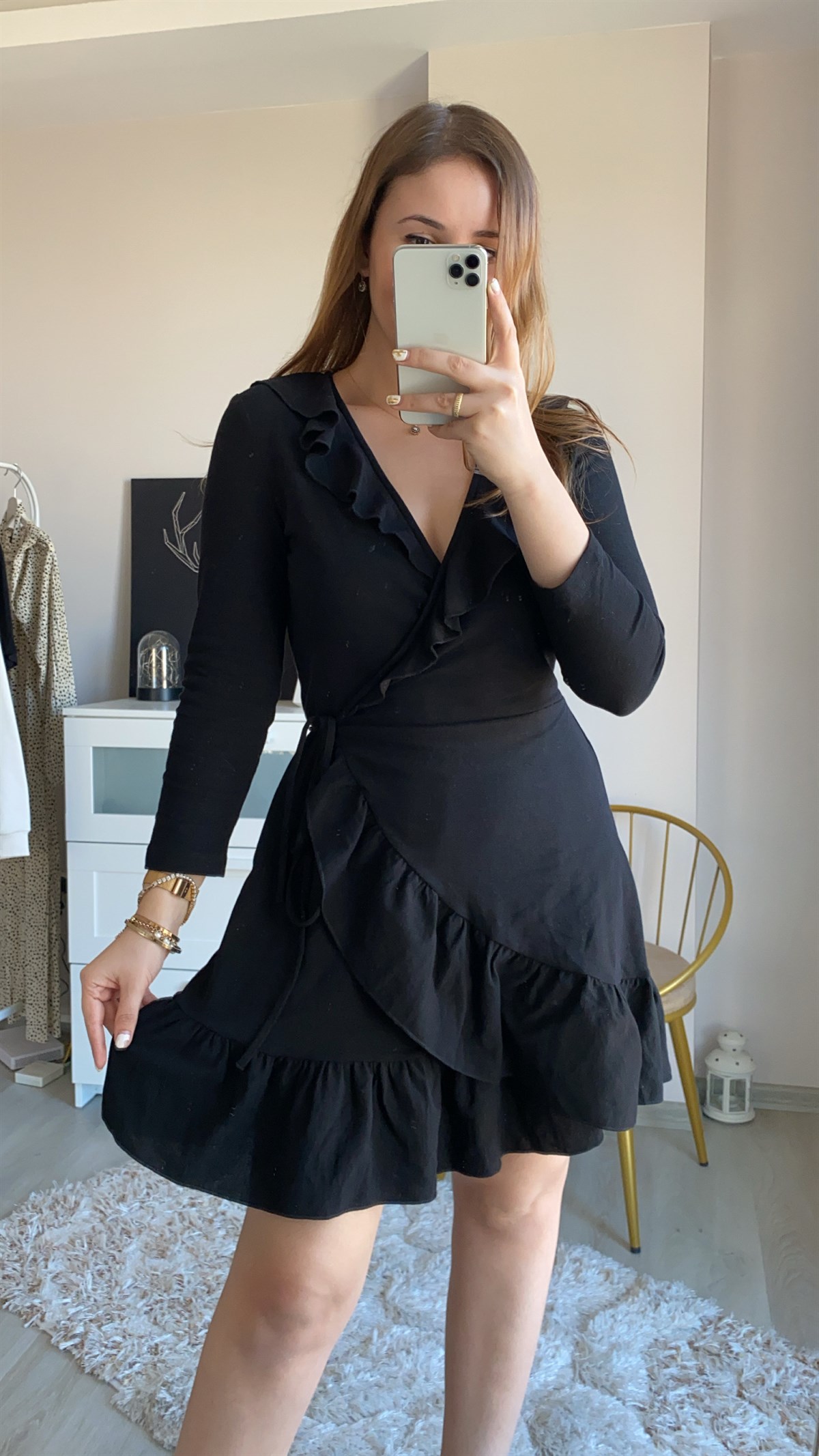H&M Siyah Fırfırlı Elbise