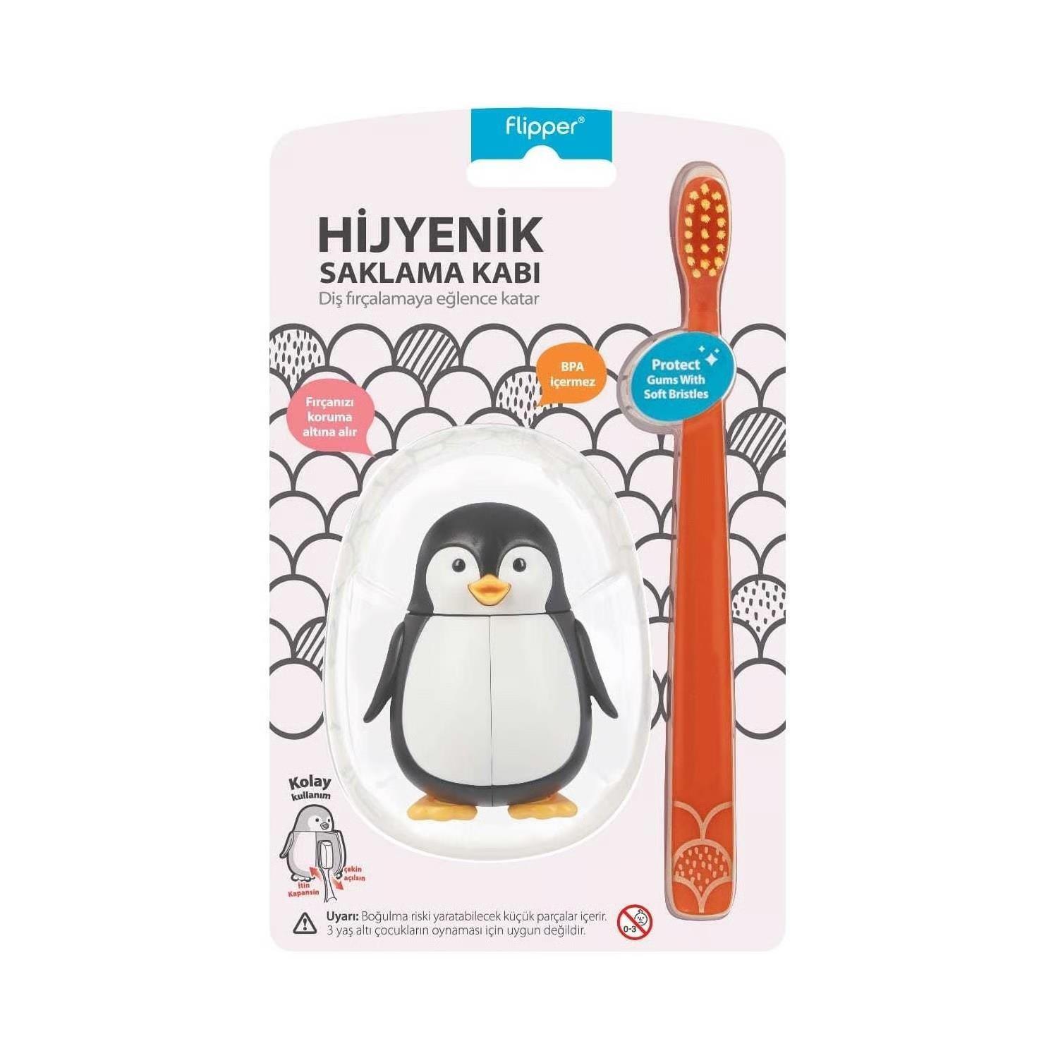 Flipper Hijyenik Diş Fırçası Kabı  ve Çocuk Diş Fırçası / Penguen