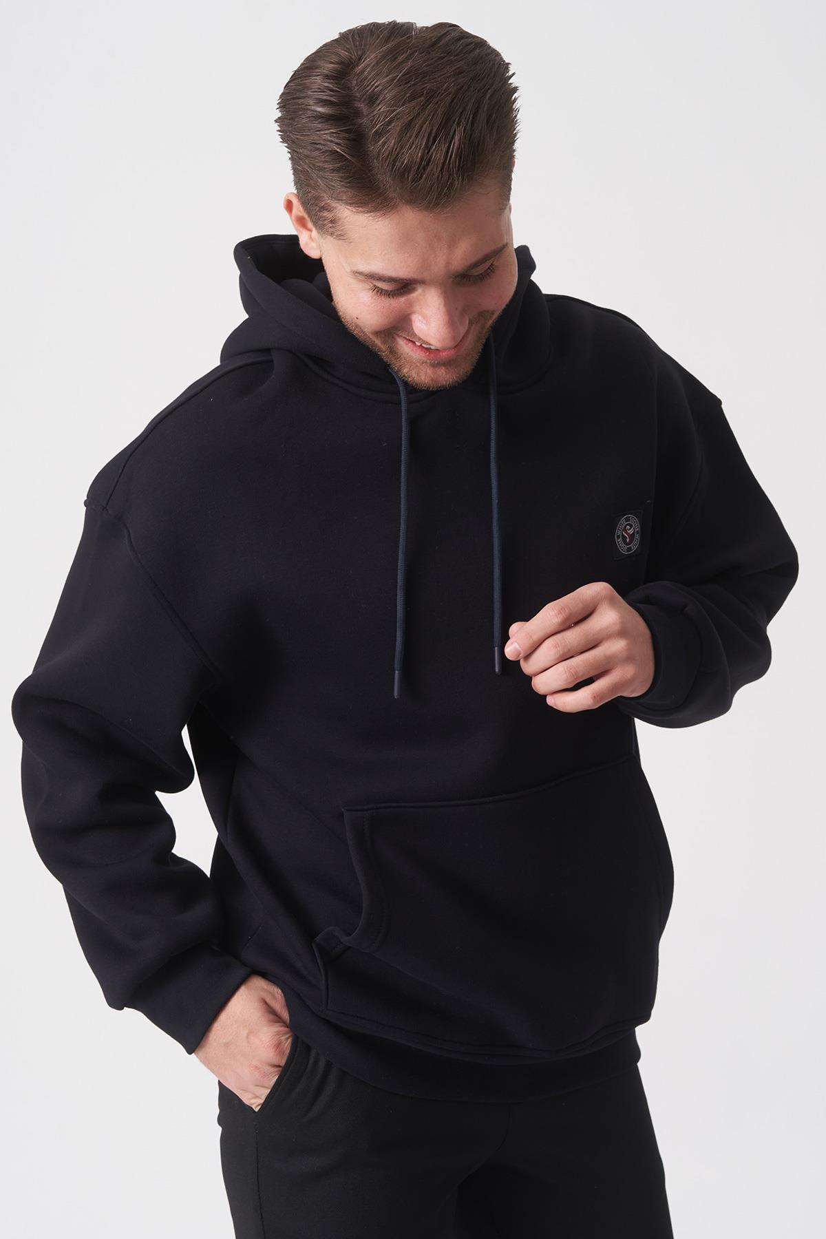 Lacivert Oversize Rahat Kesim Yumuşak Dokulu Kapüşonlu Sweatshirt