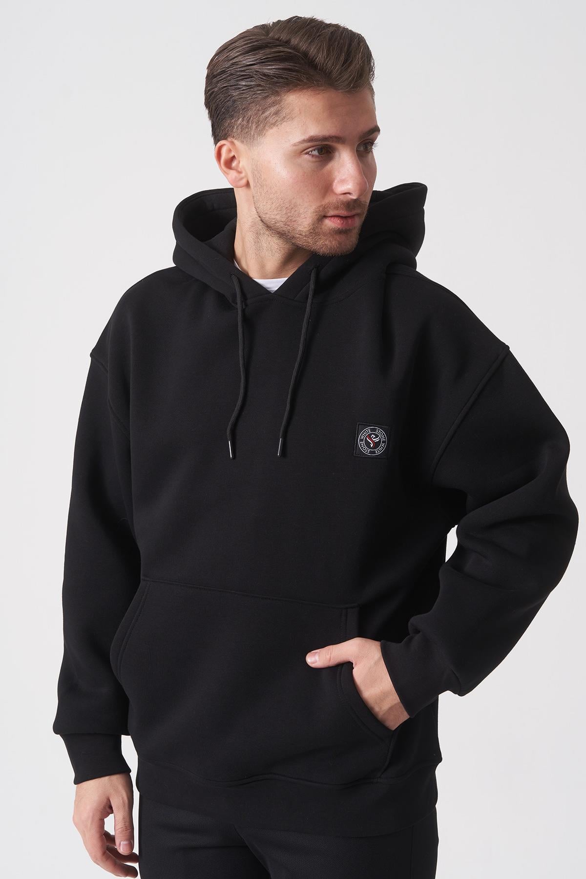 Siyah Oversize Rahat Kesim Yumuşak Dokulu Kapüşonlu Sweatshirt