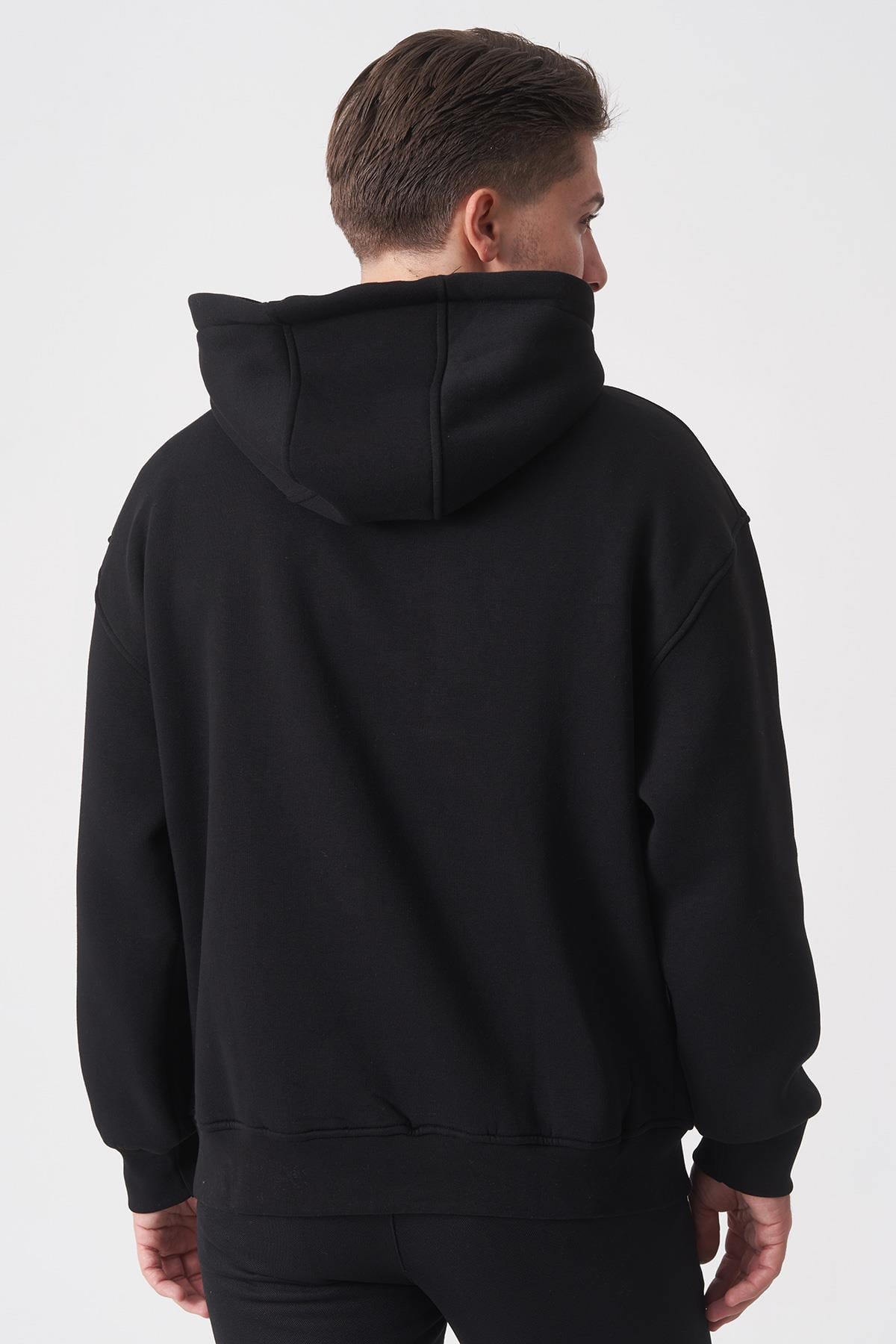 Siyah Oversize Rahat Kesim Yumuşak Dokulu Kapüşonlu Sweatshirt