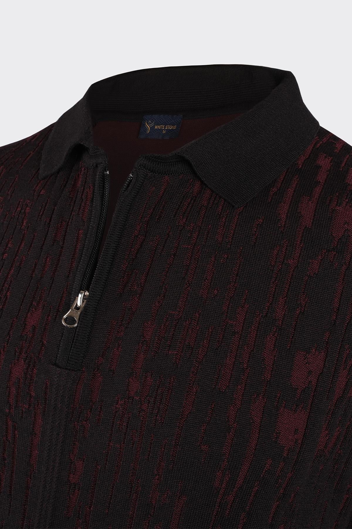 Polo Yaka Yarım Fermuarlı Premium Triko Kazak Bordo