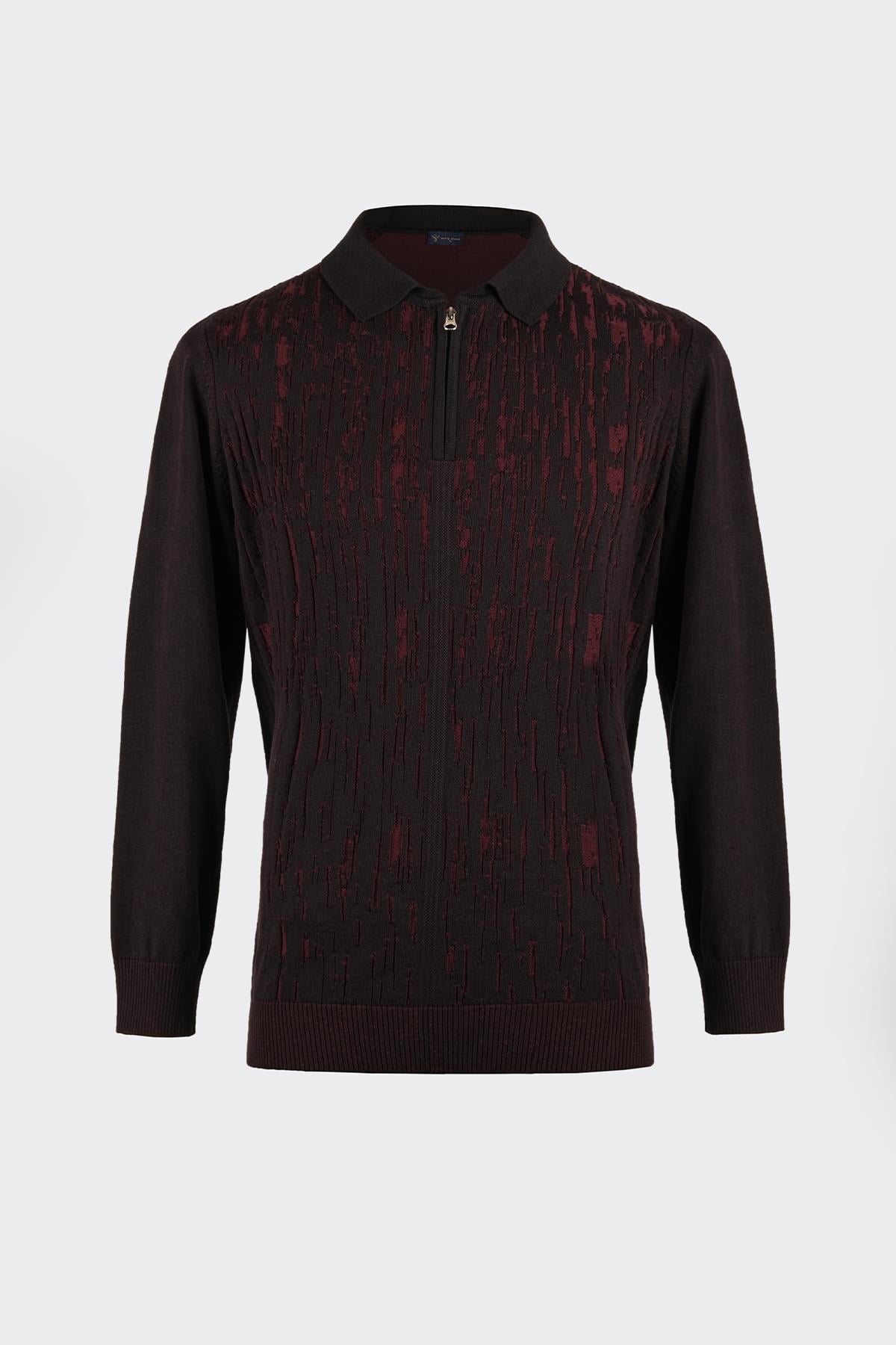 Polo Yaka Yarım Fermuarlı Premium Triko Kazak Bordo