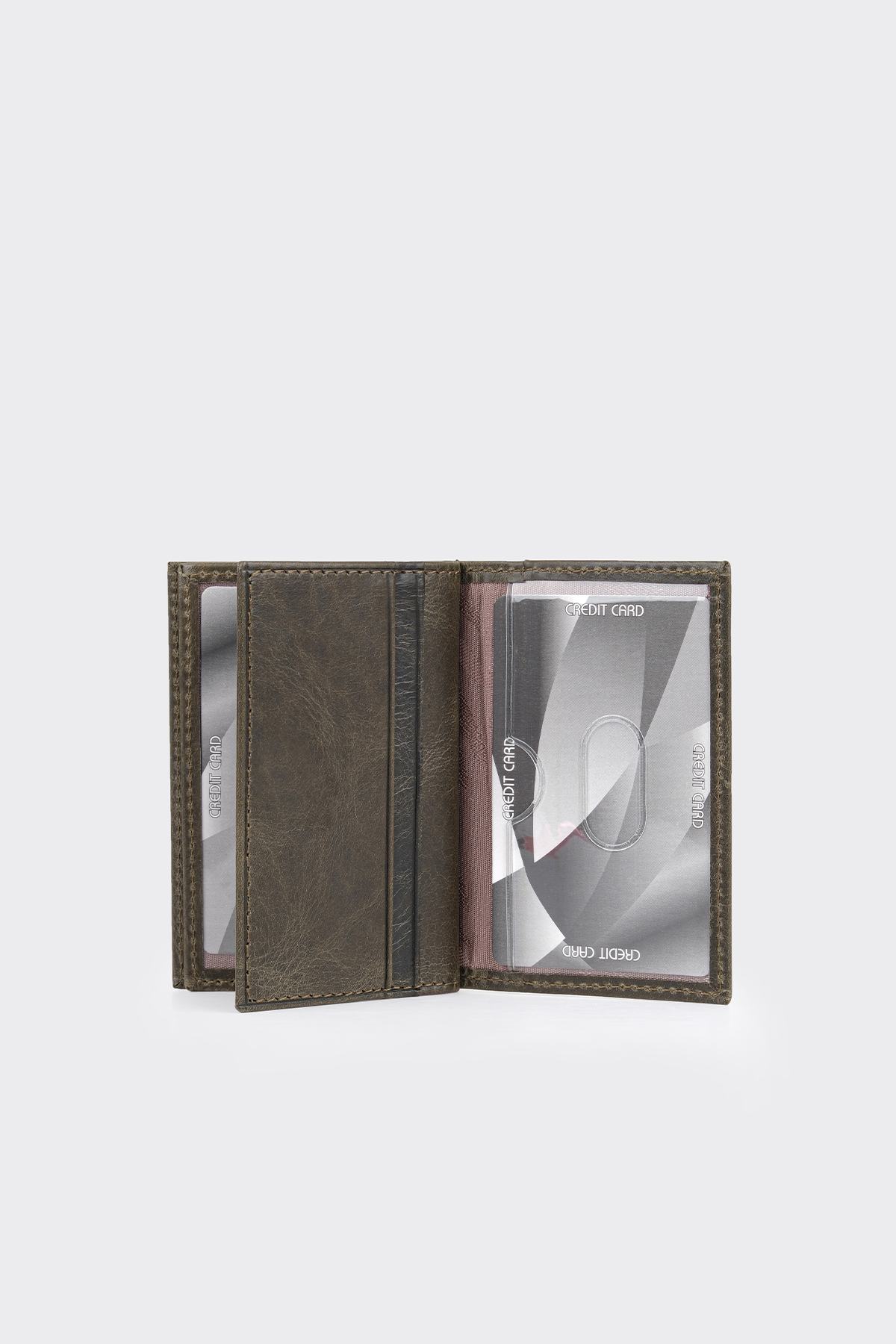 Haki Çok Bölmeli Premium Dikey Deri Erkek Kartlık