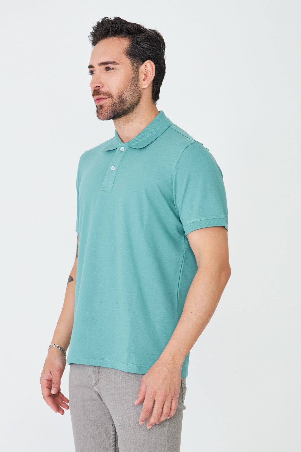 Açık Yeşil Çift Düğmeli Klasik Polo Yaka Tişört