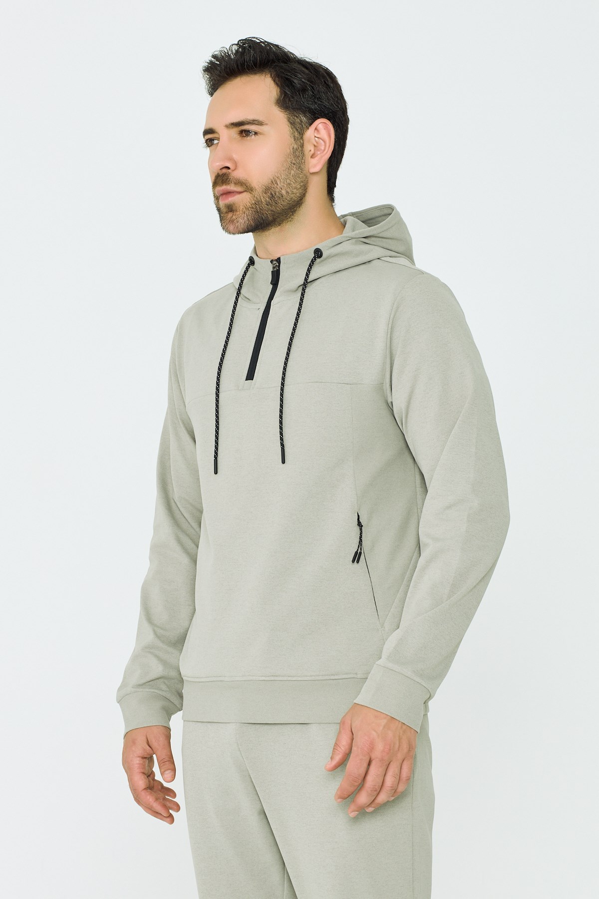 Açık Yeşil Kapüşonlu Yarım Fermuarlı Yandan Cepli Erkek Sweatshirt