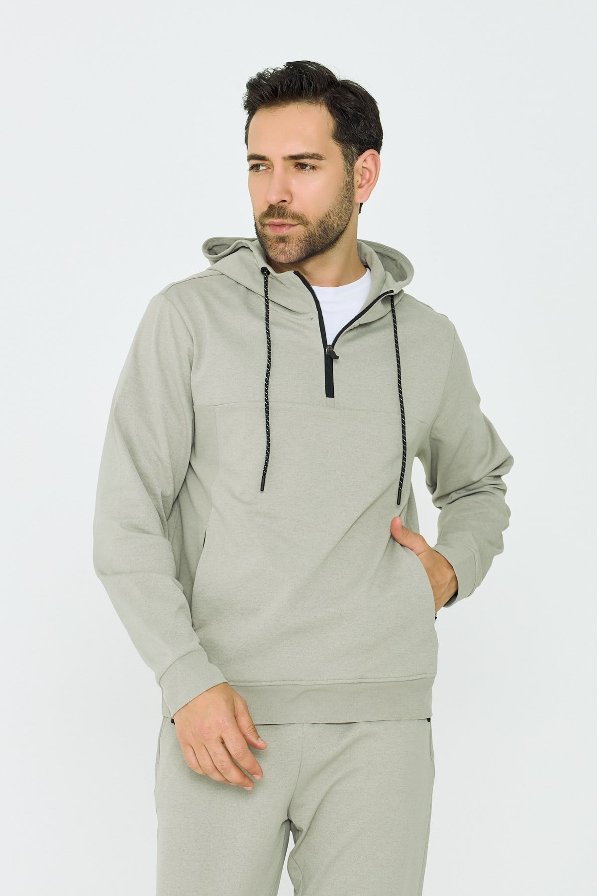 Açık Yeşil Kapüşonlu Yarım Fermuarlı Yandan Cepli Erkek Sweatshirt