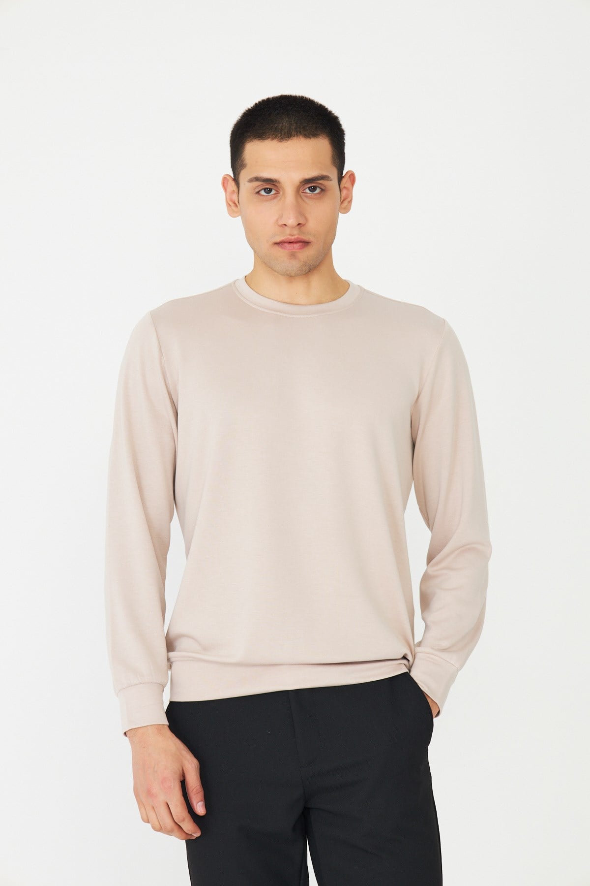 Bej Basic Bisiklet Yaka Erkek Sweatshirt