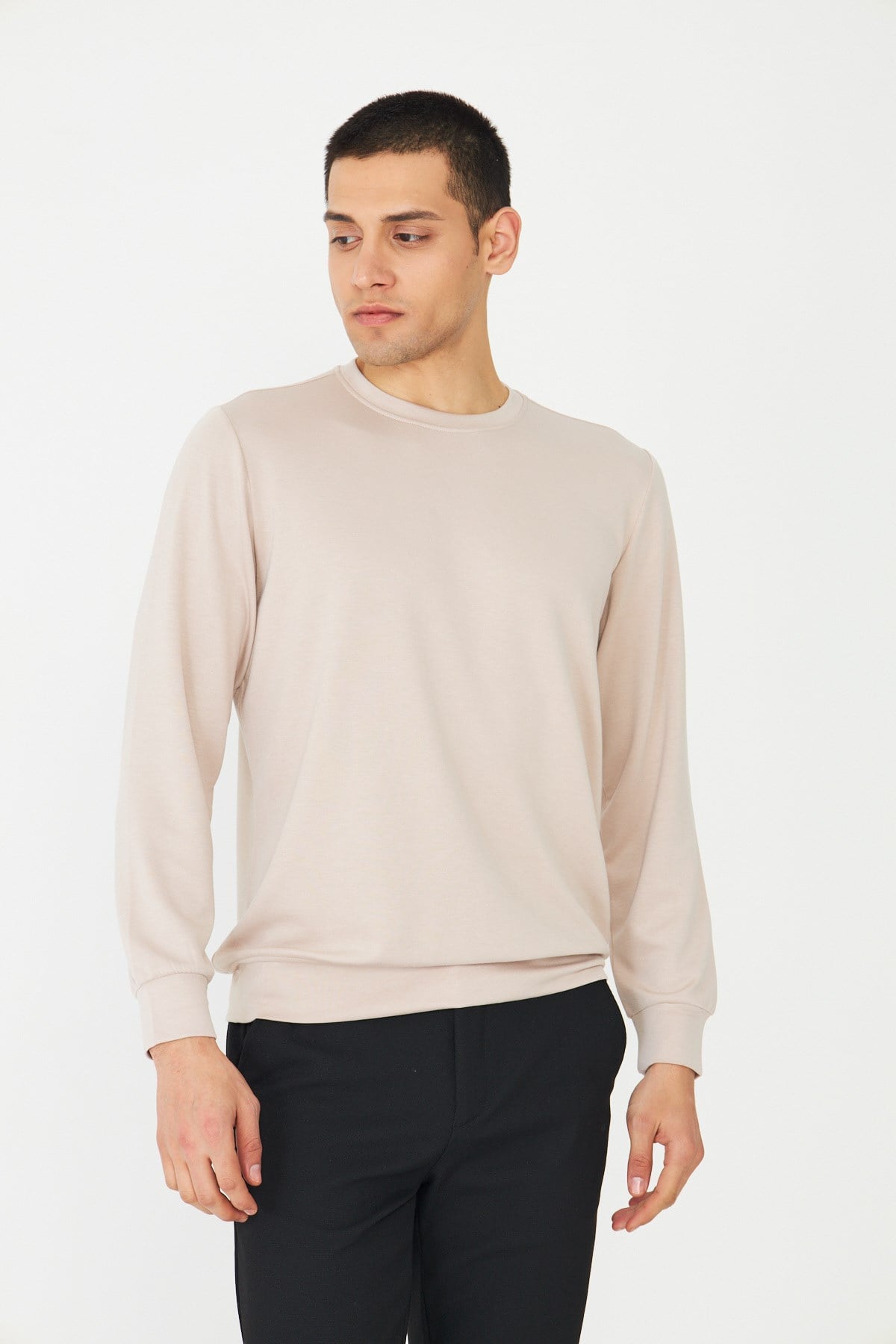 Bej Basic Bisiklet Yaka Erkek Sweatshirt