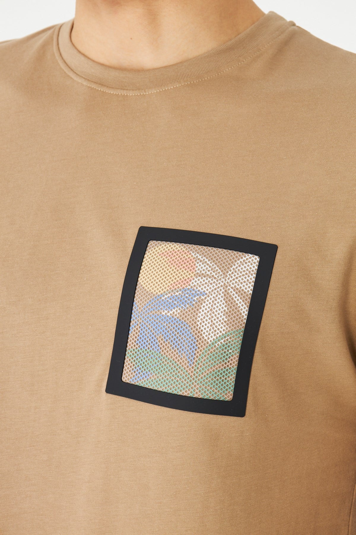 Bej Bisiklet Yaka Baskı Detaylı Erkek T-Shirt