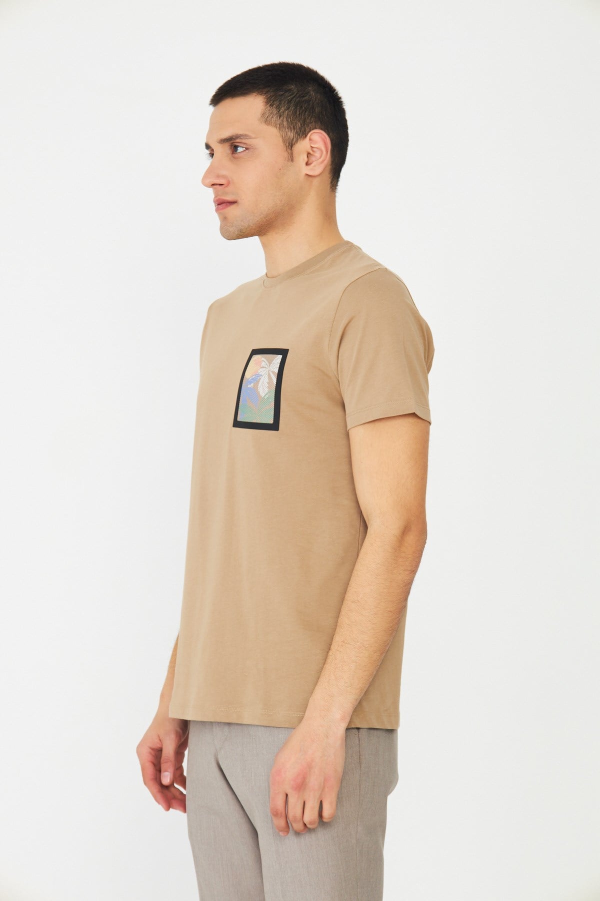 Bej Bisiklet Yaka Baskı Detaylı Erkek T-Shirt