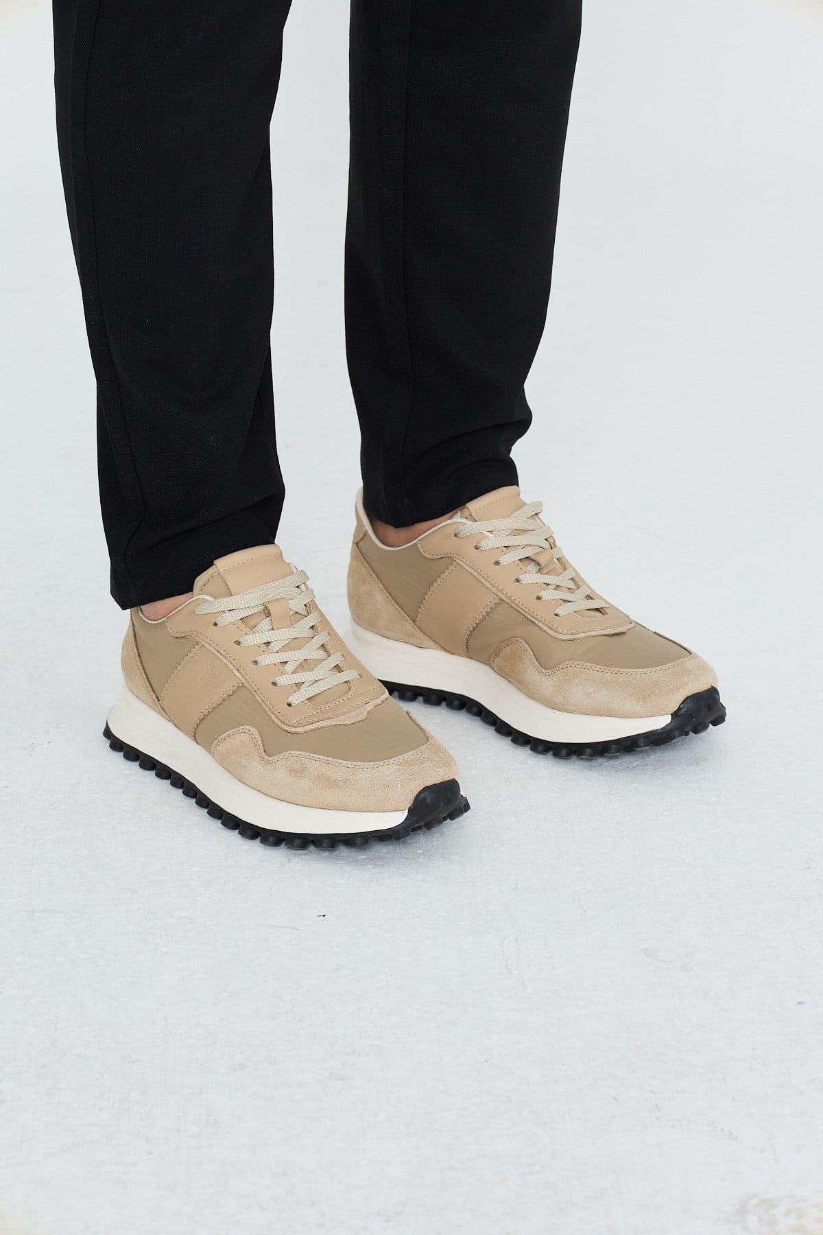 Bej Hakiki Deri Bağcıklı Yüksek Tabanlı Erkek Sneaker