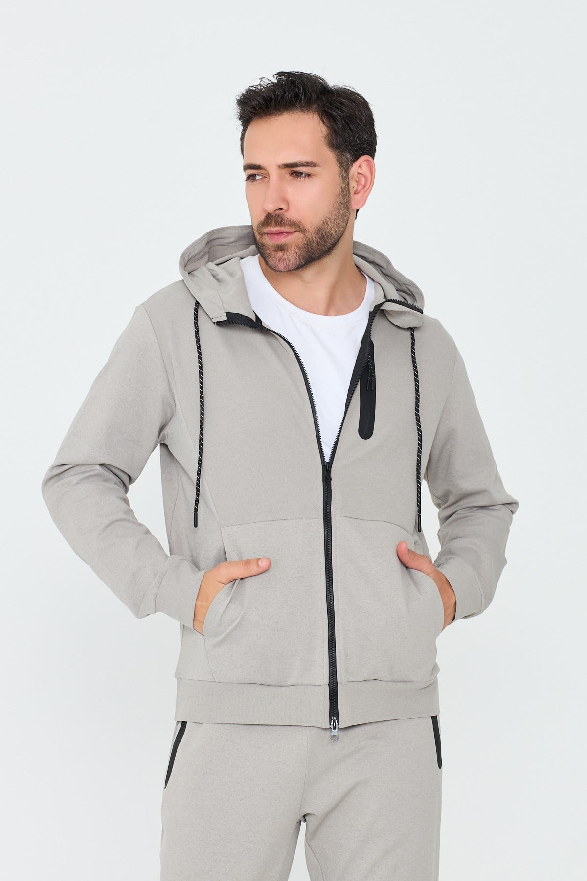 Bej Kapüşonlu Fermuarlı Erkek Sweatshirt