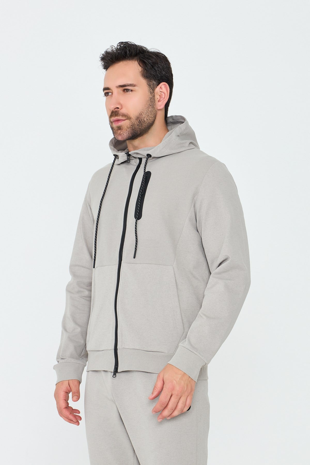 Bej Kapüşonlu Fermuarlı Erkek Sweatshirt