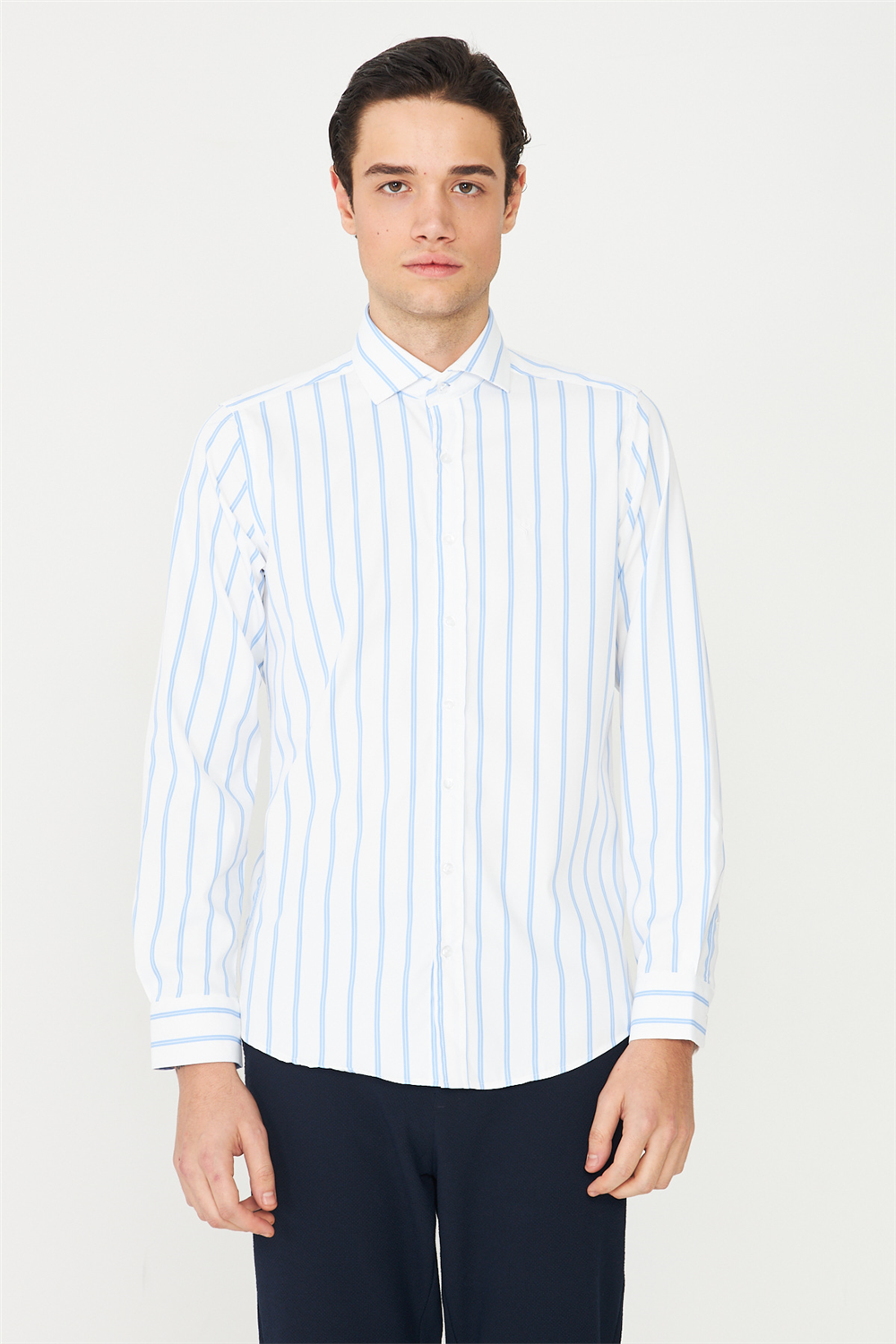 Mavi Çizgili Uzun Kollu Gömlek Slim Fit