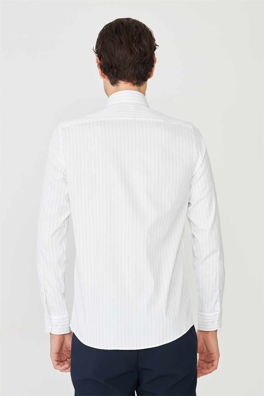 Mavi İnce Çizgili Uzun Kollu Gömlek Slim Fit