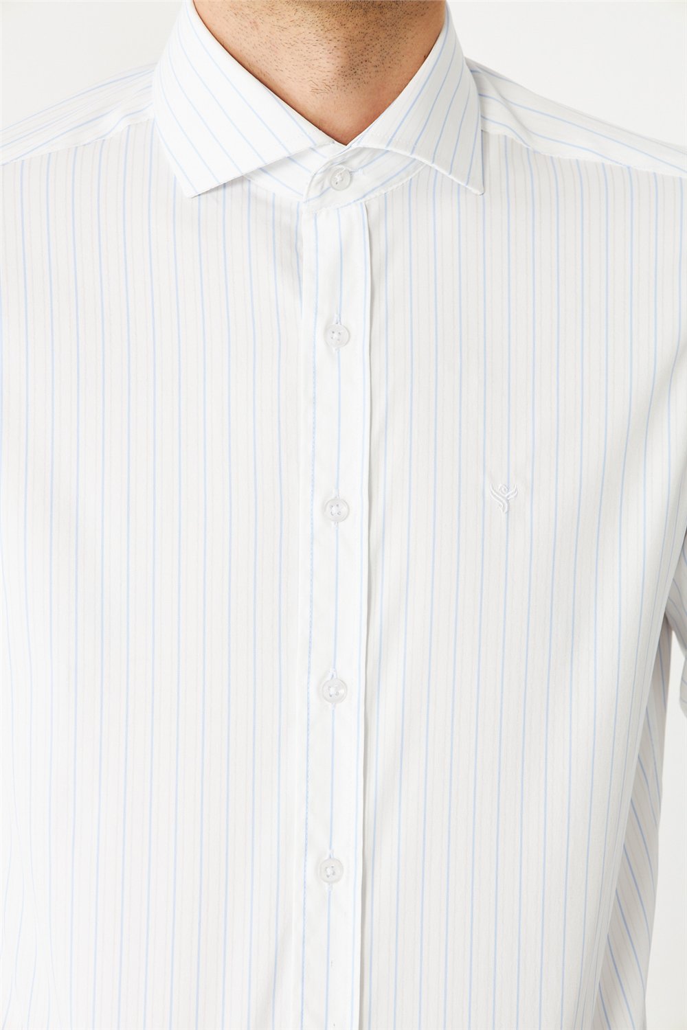 Mavi İnce Çizgili Uzun Kollu Gömlek Slim Fit