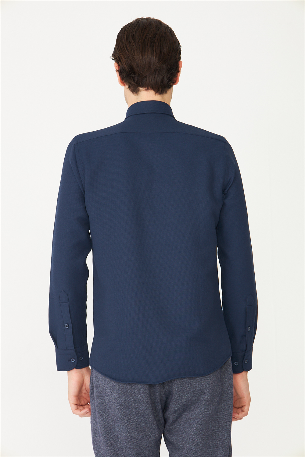 Lacivert Düğmeli Yaka Uzun Kollu Gömlek Slim Fit