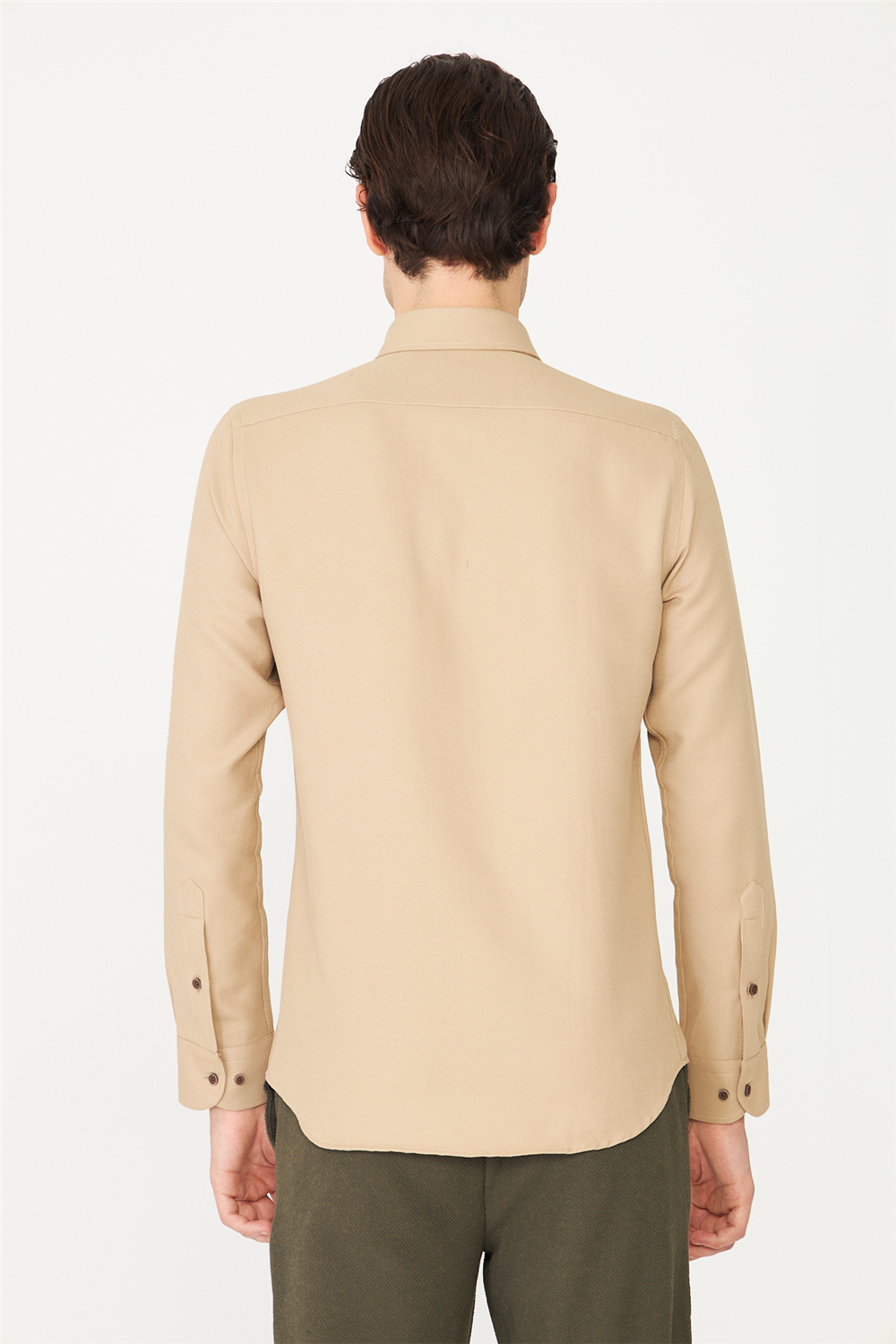 Krem Düğmeli Yaka Uzun Kollu Gömlek Slim Fit