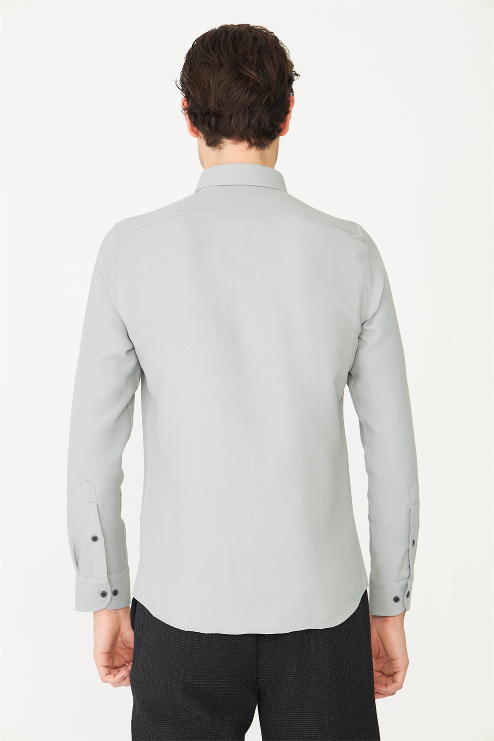Gri Düğmeli Yaka Uzun Kollu Gömlek Slim Fit