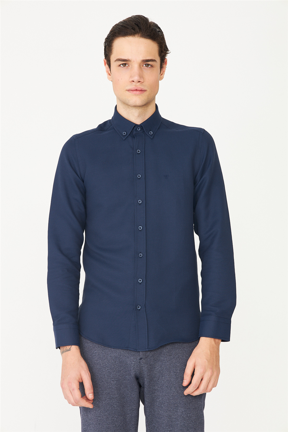 Lacivert Düğmeli Yaka Uzun Kollu Gömlek Slim Fit