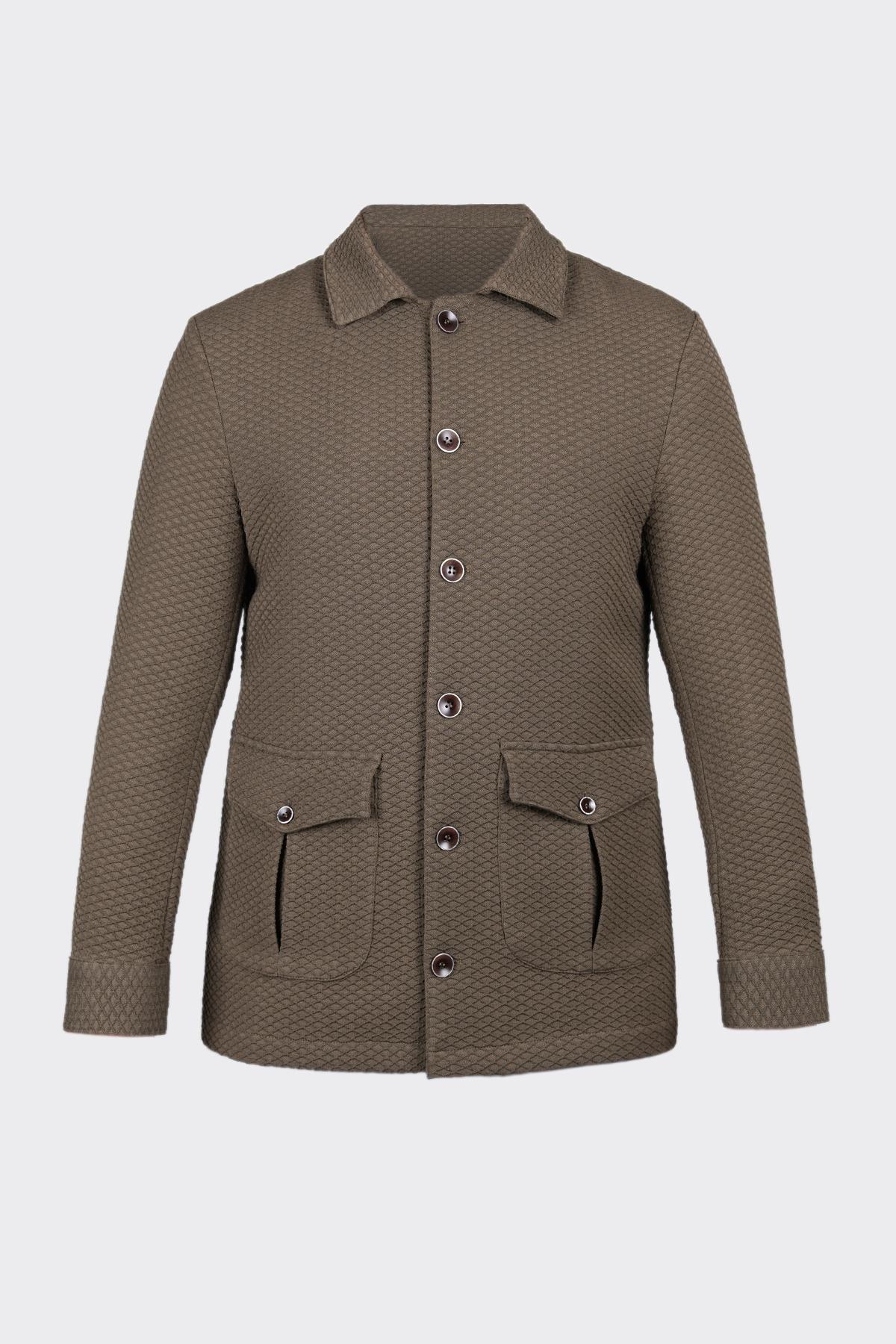 Yeşil Rahat Kesim iki Cepli Düğmeli Desenli Gömlek Ceket