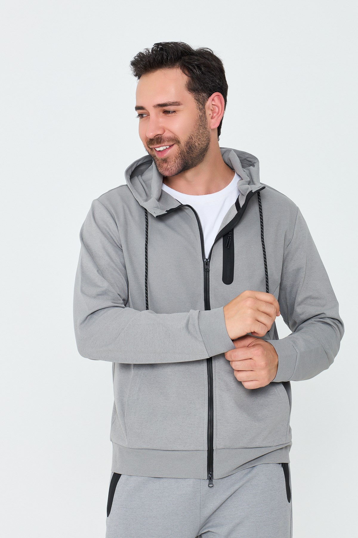 Gri Kapüşonlı Fermuarlı Erkek Sweatshirt