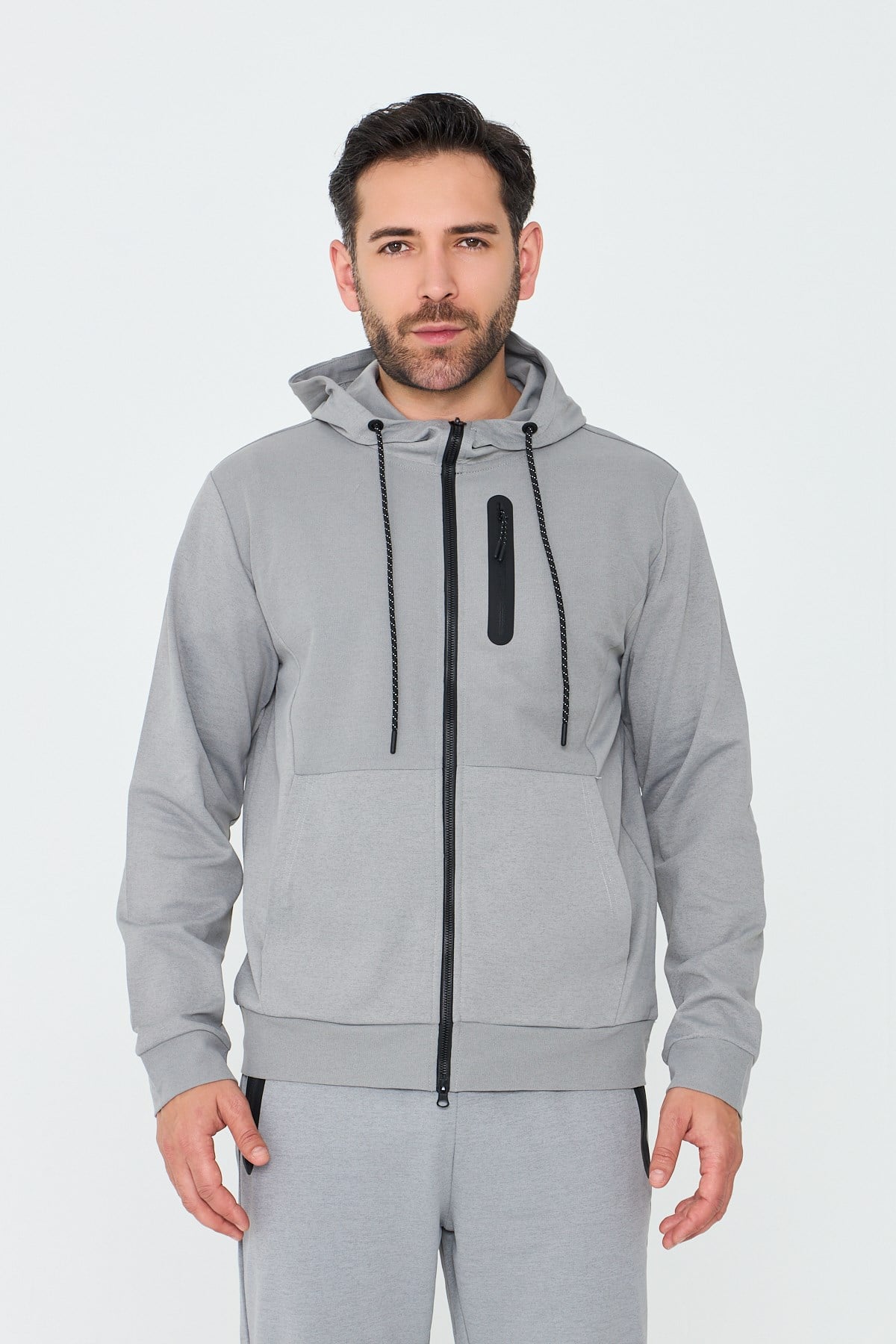 Gri Kapüşonlı Fermuarlı Erkek Sweatshirt