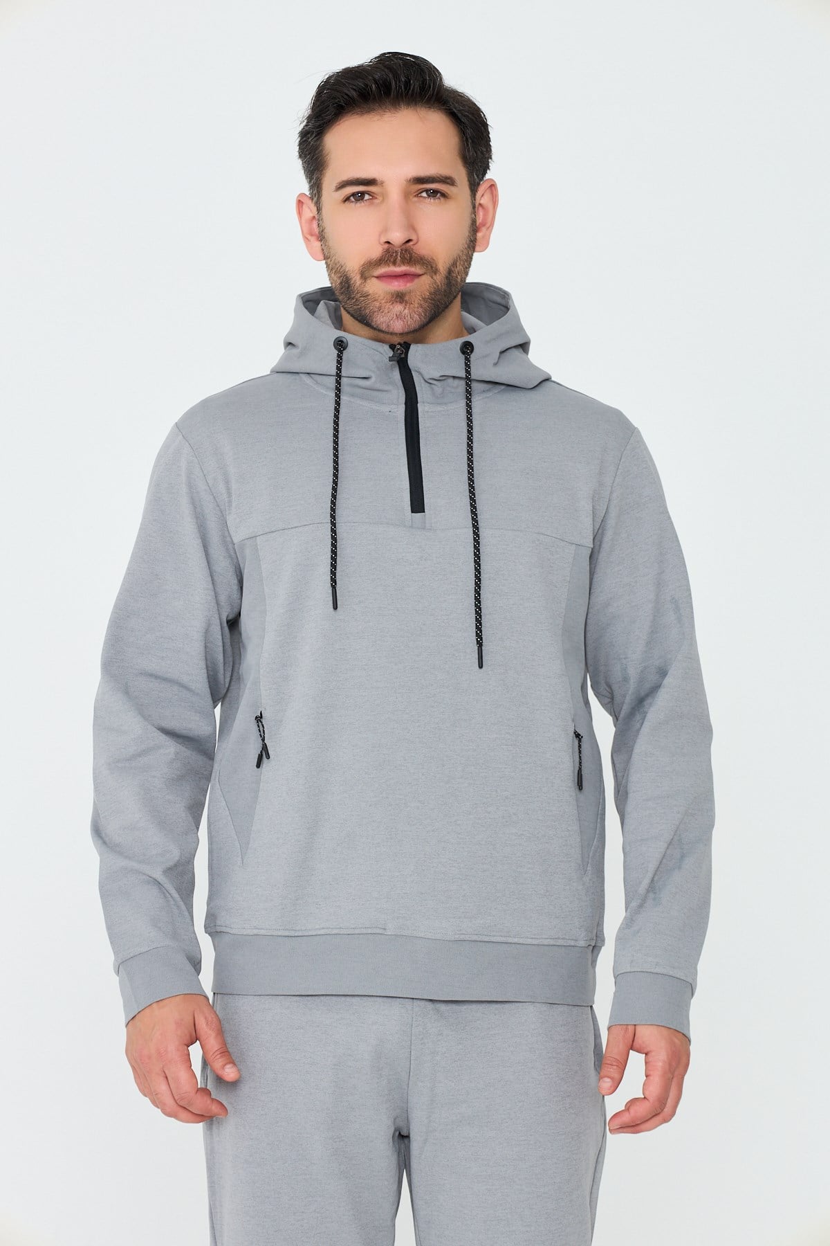 Gri Kapüşonlu Yarım Fermuarlı Yandan Cepli Erkek Sweatshirt