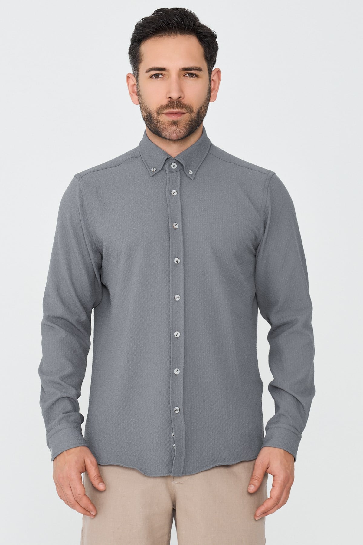 Gri Mikro Desenli Dynamic Fit Uzun Kollu Gömlek