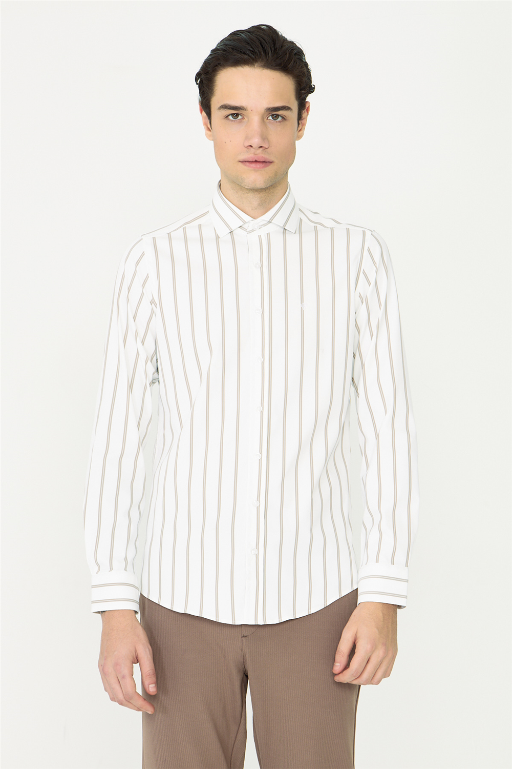 Bej Çizgili Uzun Kollu Gömlek Slim Fit