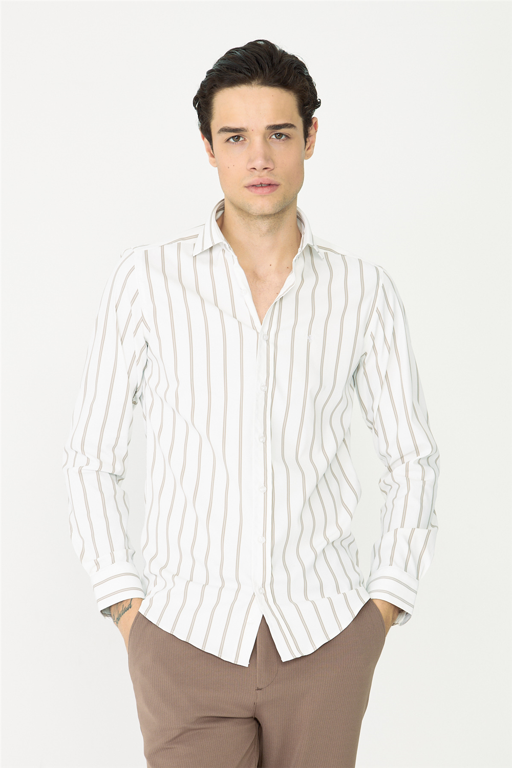 Bej Çizgili Uzun Kollu Gömlek Slim Fit