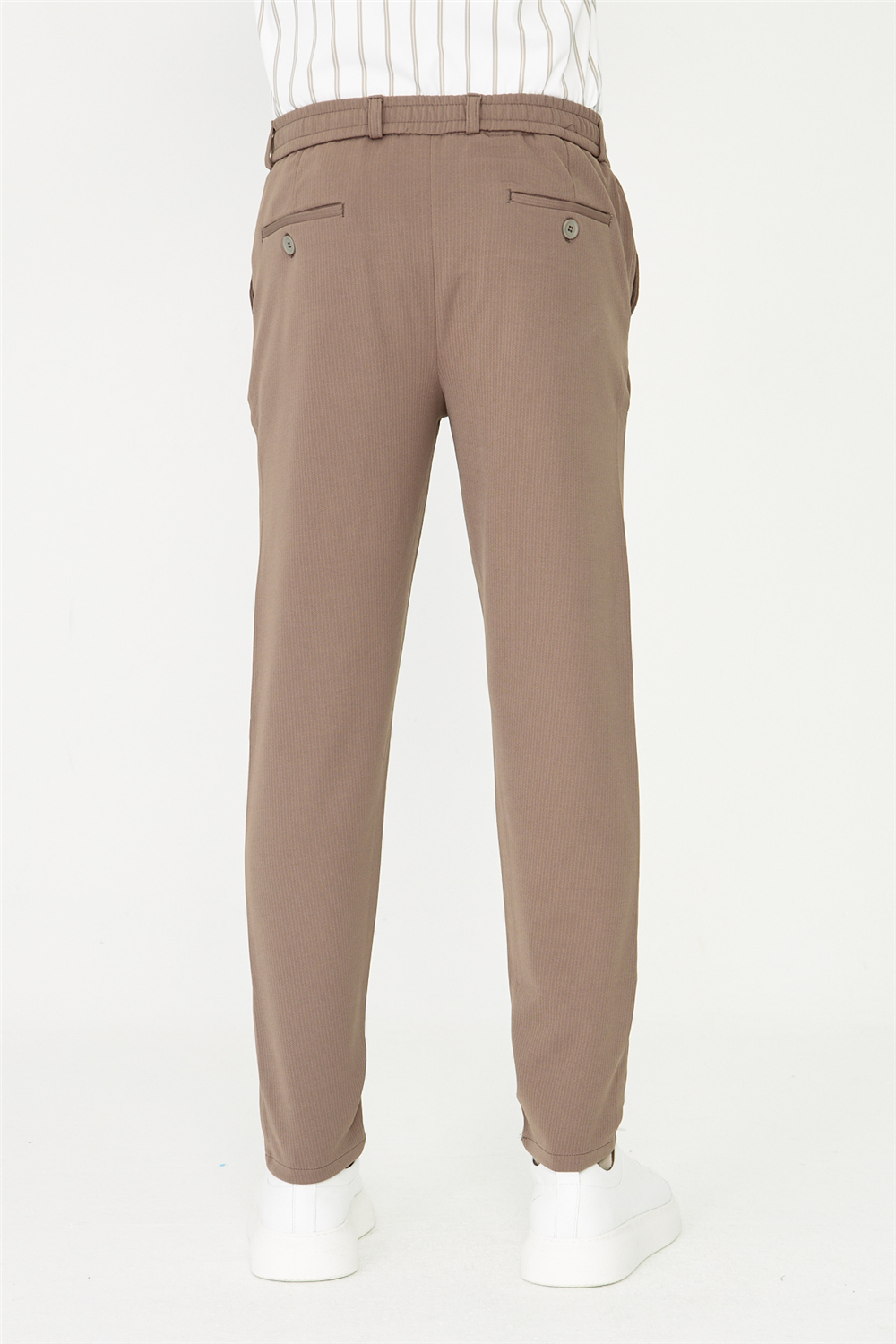 Kahverengi İnce Çizgili Dokulu Modern Kesim Bağcıklı Smart Casual Pantolon