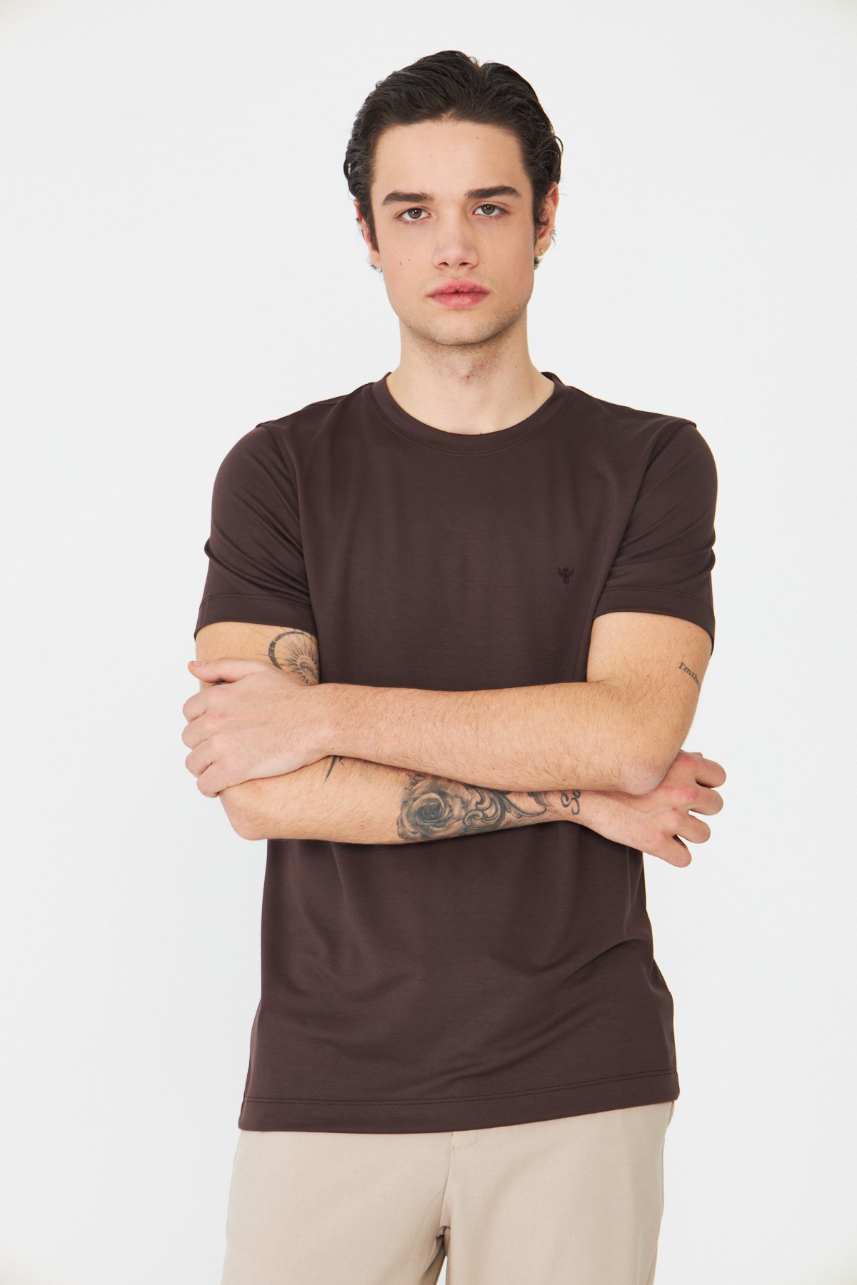 Kahverengi Bisiklet Yaka Basic Erkek T-Shirt