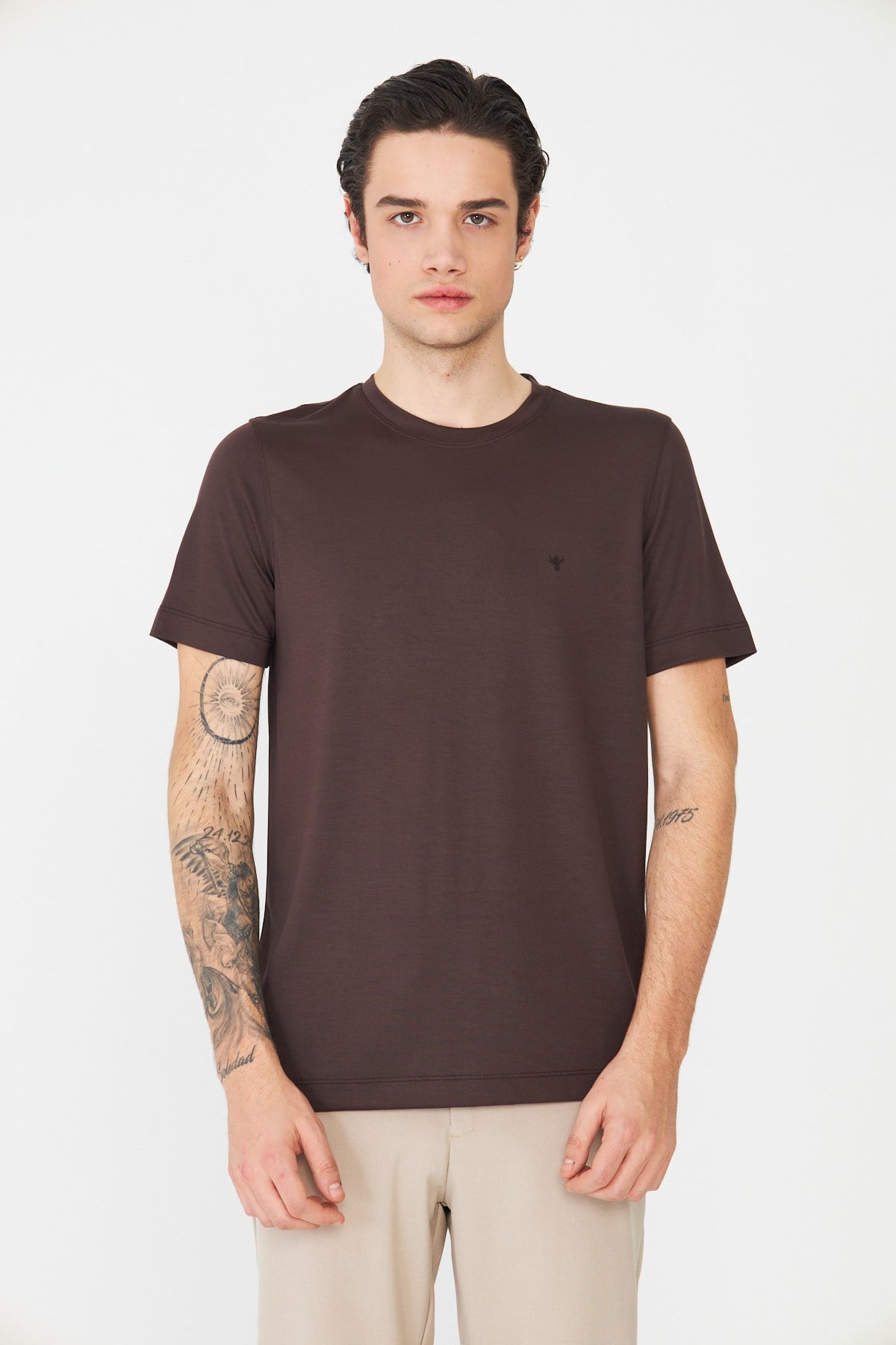 Kahverengi Bisiklet Yaka Basic Erkek T-Shirt