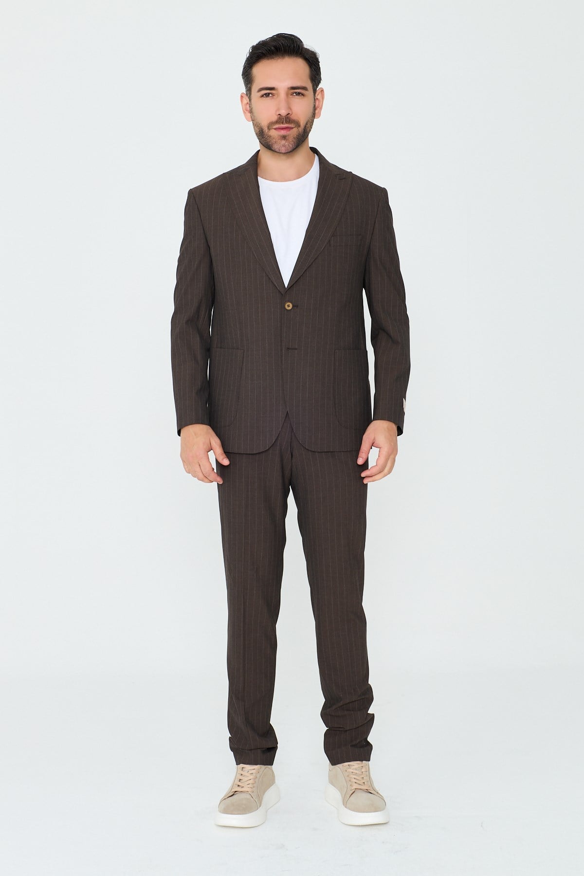 Kahverengi Çizgili 6 Drop Erkek Slim Fit Takım Elbise