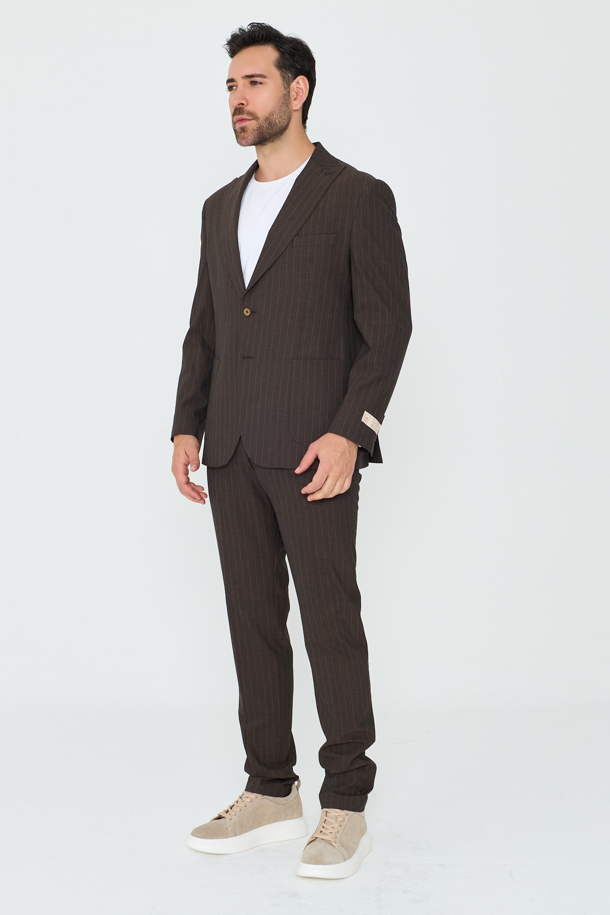 Kahverengi Çizgili 6 Drop Erkek Slim Fit Takım Elbise