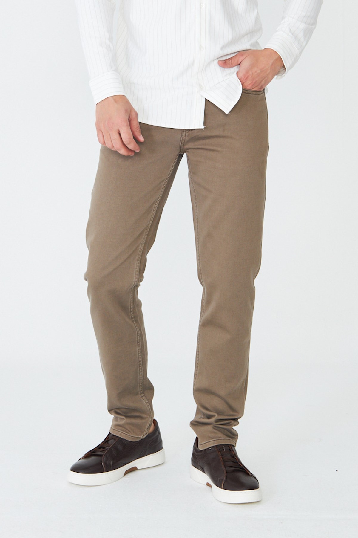 Kahverengi Hakiki Deri Lastik Bağcıklı Erkek Sneaker