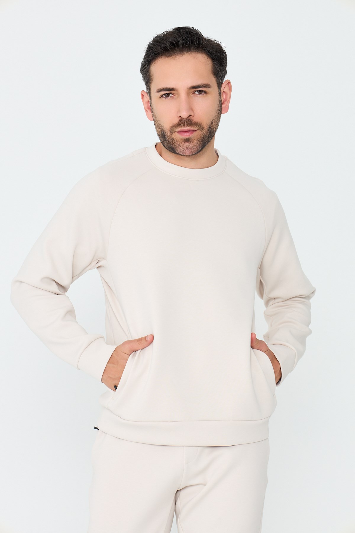 Kırık Beyaz Pamuklu Erkek Basic Sweatshirt