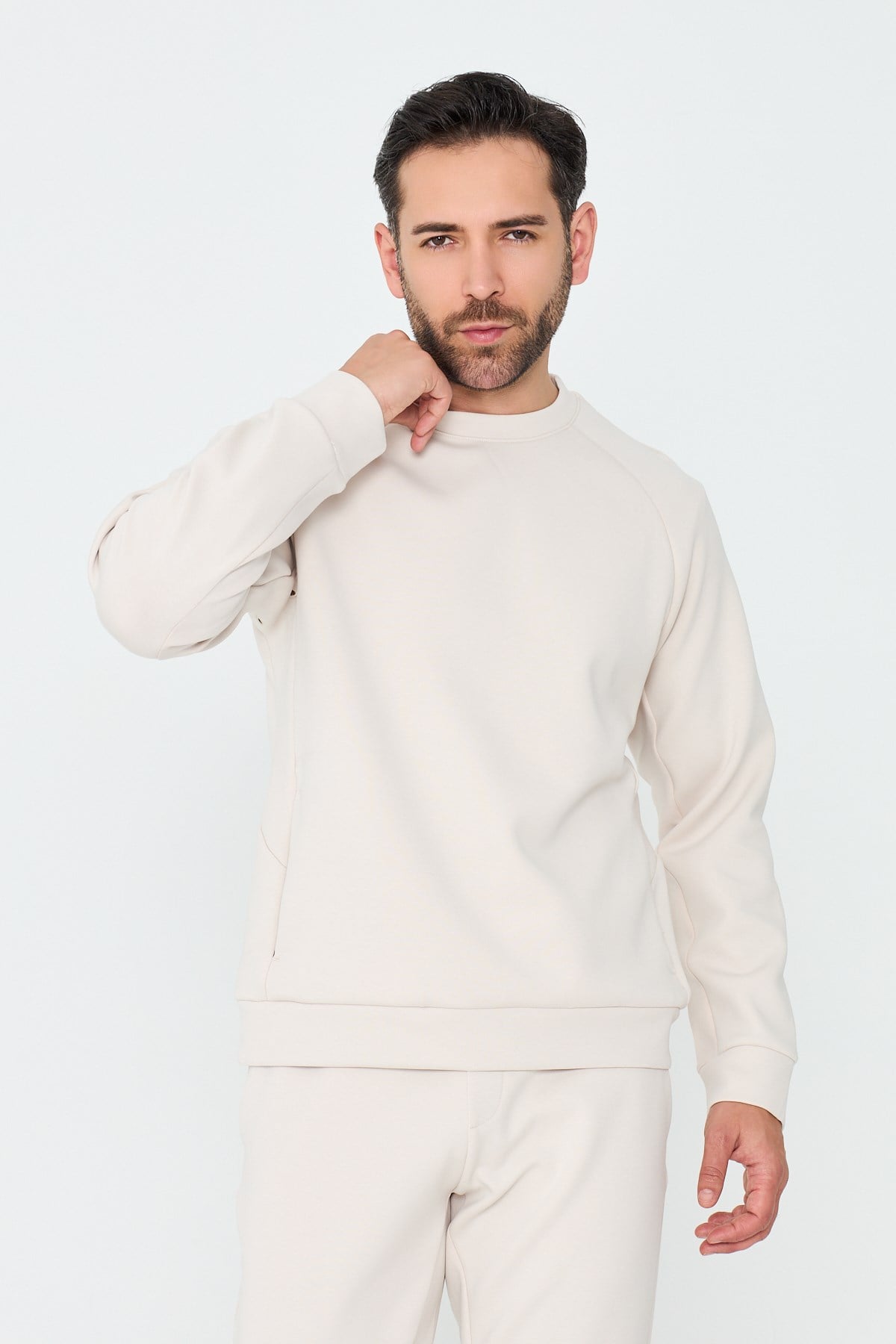 Kırık Beyaz Pamuklu Erkek Basic Sweatshirt