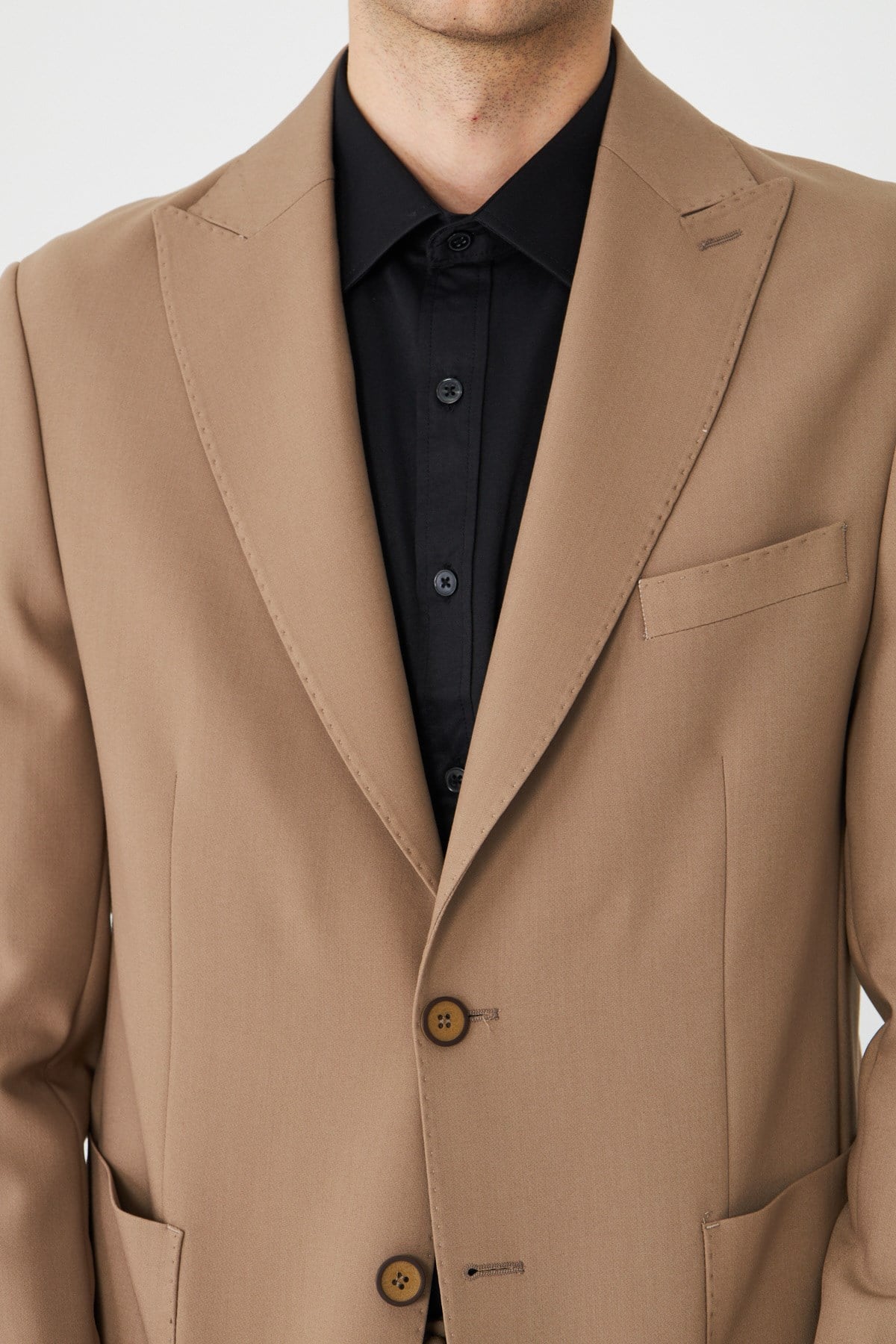 Koyu Bej Düz Kumaş Modern Slim Fit Klasik Yaka Takım Elbise