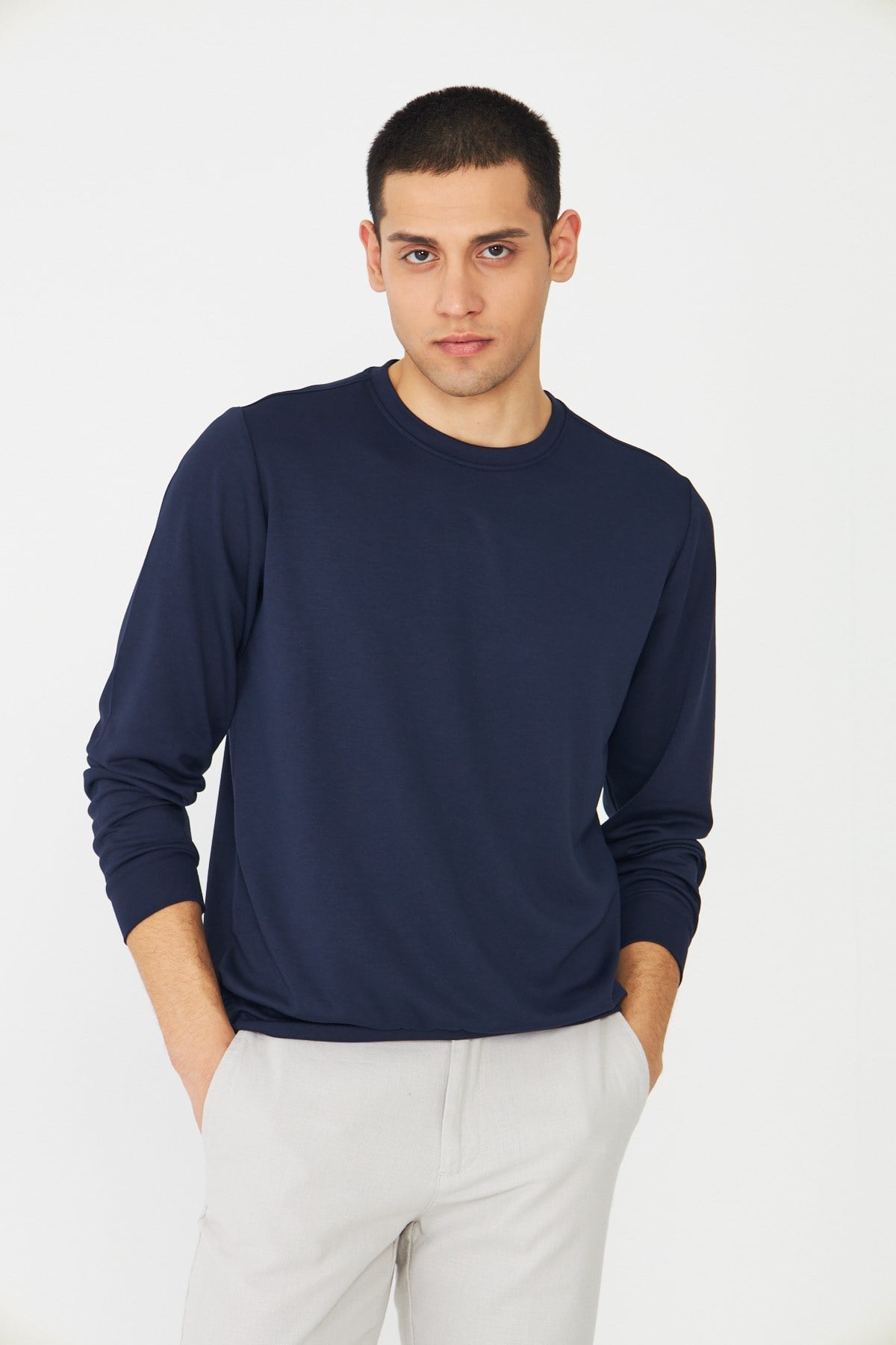 Lacivert Basic Bisiklet Yaka Erkek Sweatshirt