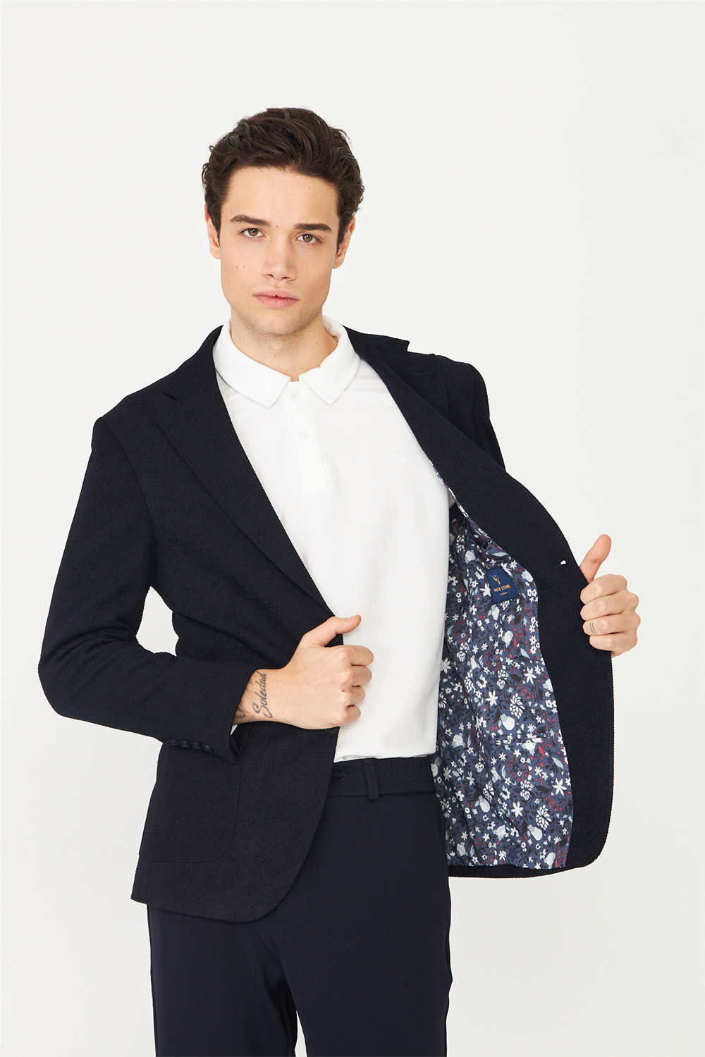 Lacivert Hafif Dokulu İçi Desenli Blazer Ceket