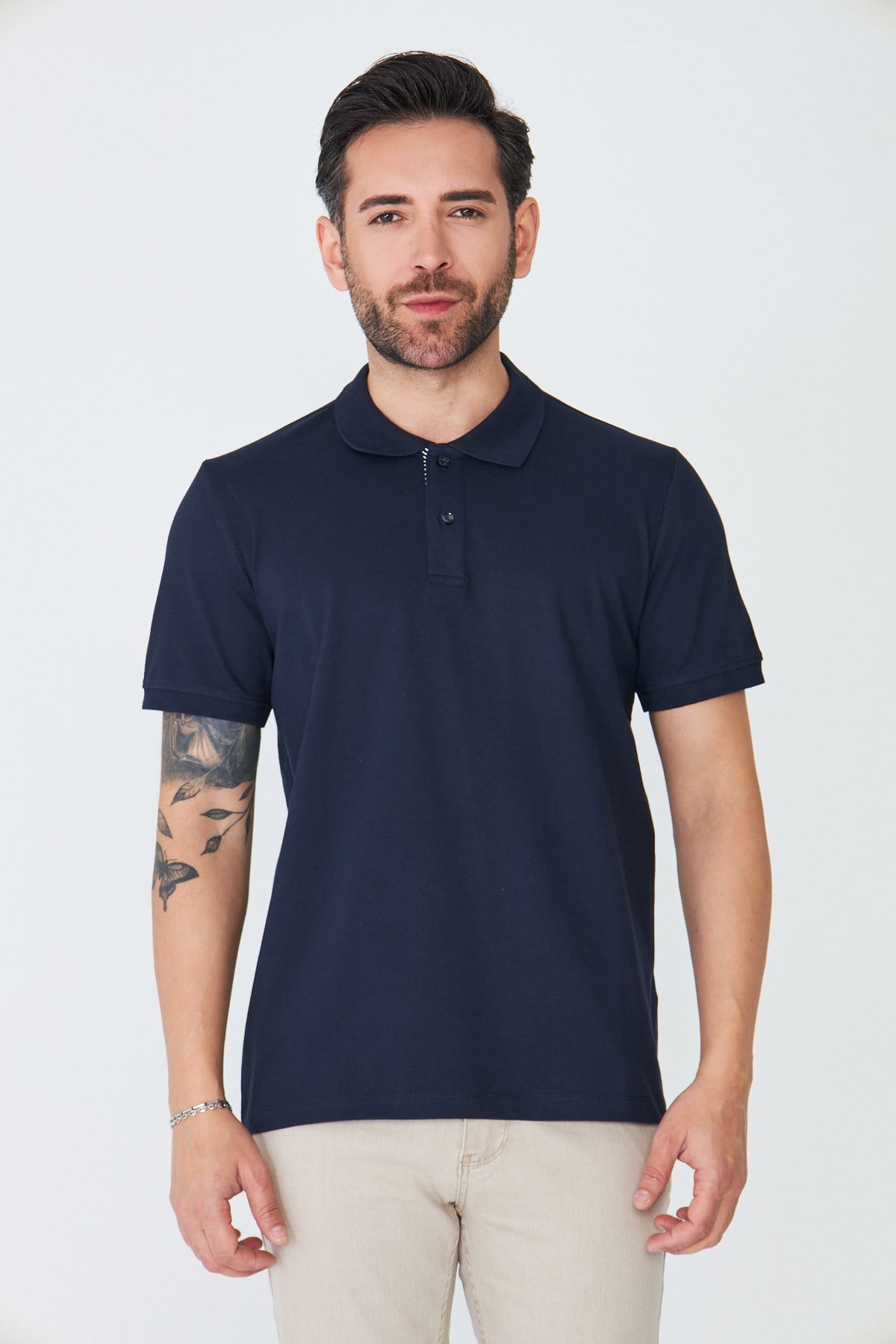 Lacivert Klasik Yaka Çift Düğmeli Polo Yaka T-shirt