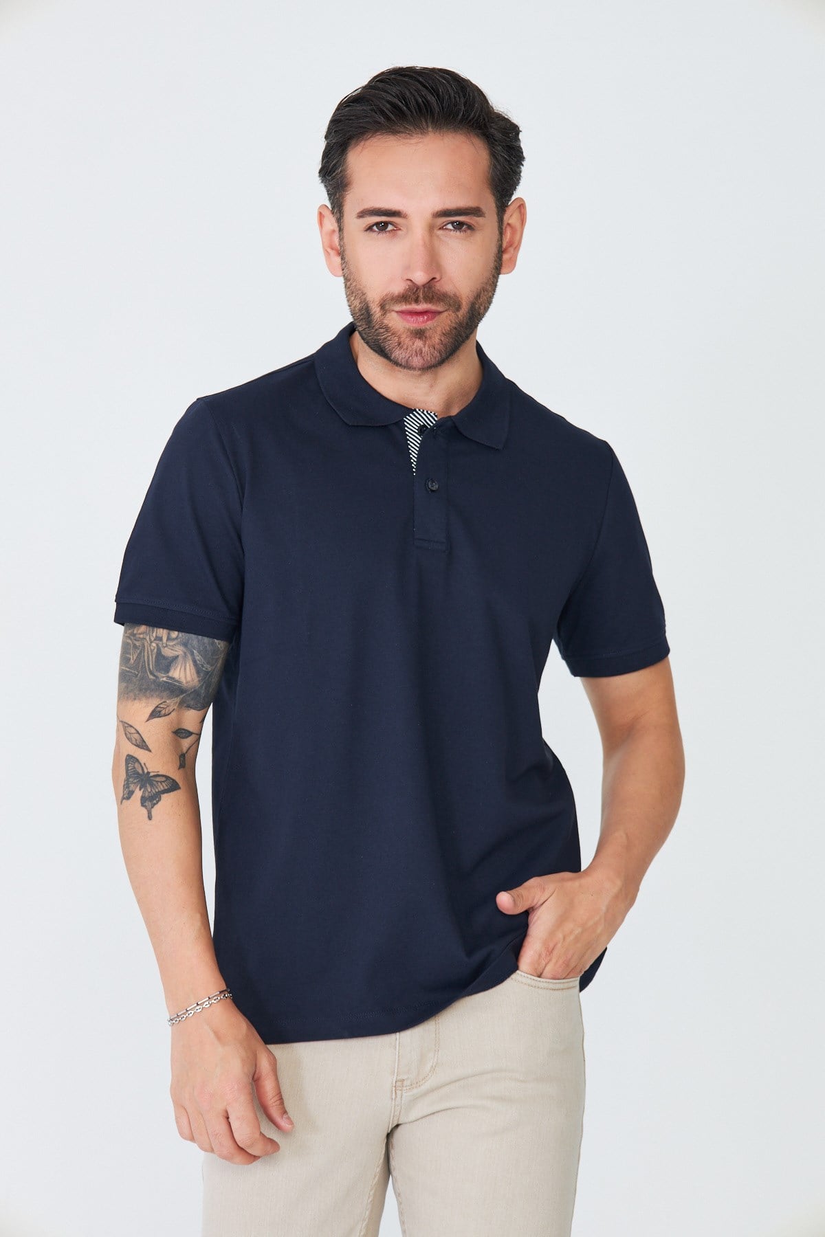 Lacivert Klasik Yaka Çift Düğmeli Polo Yaka T-shirt