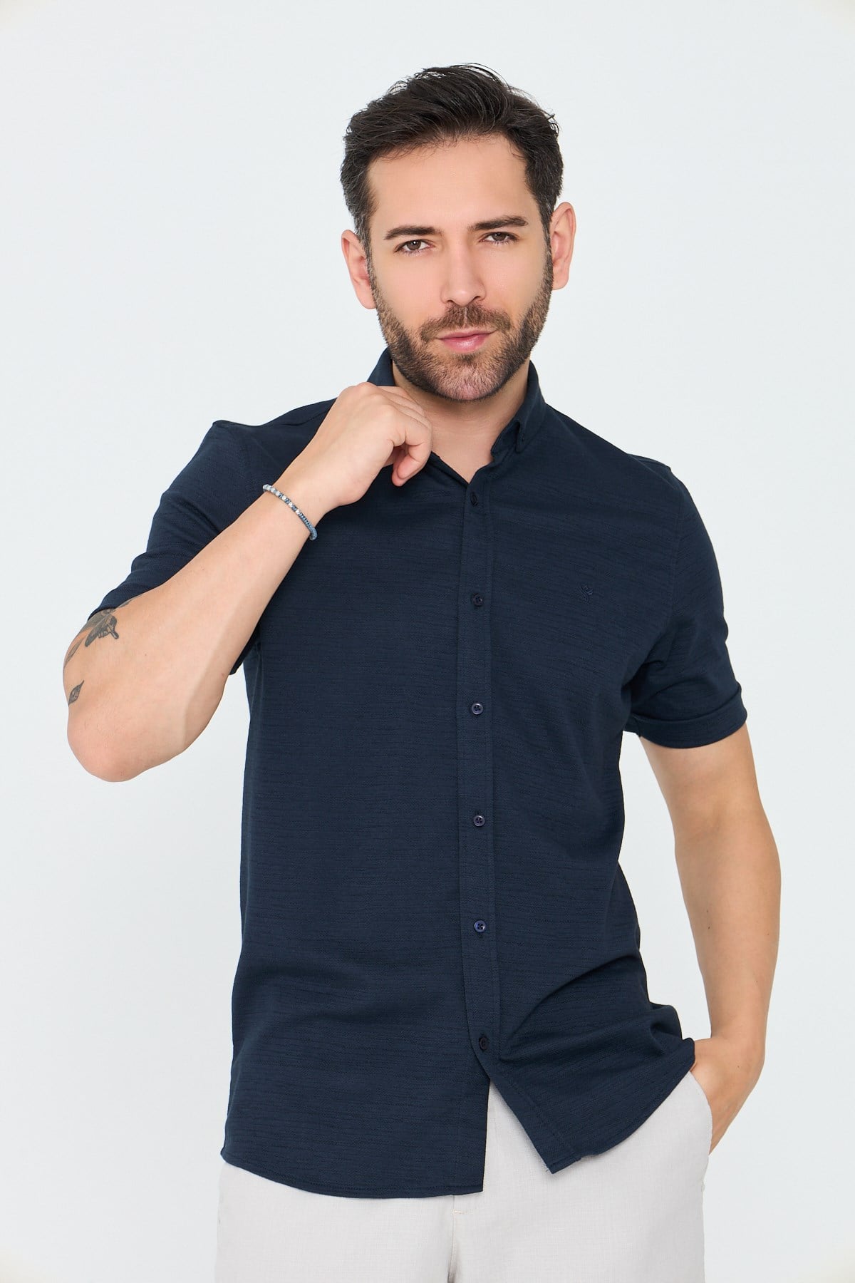 Lacivert Mikro Desenli Erkek Kısa Kollu Gömlek