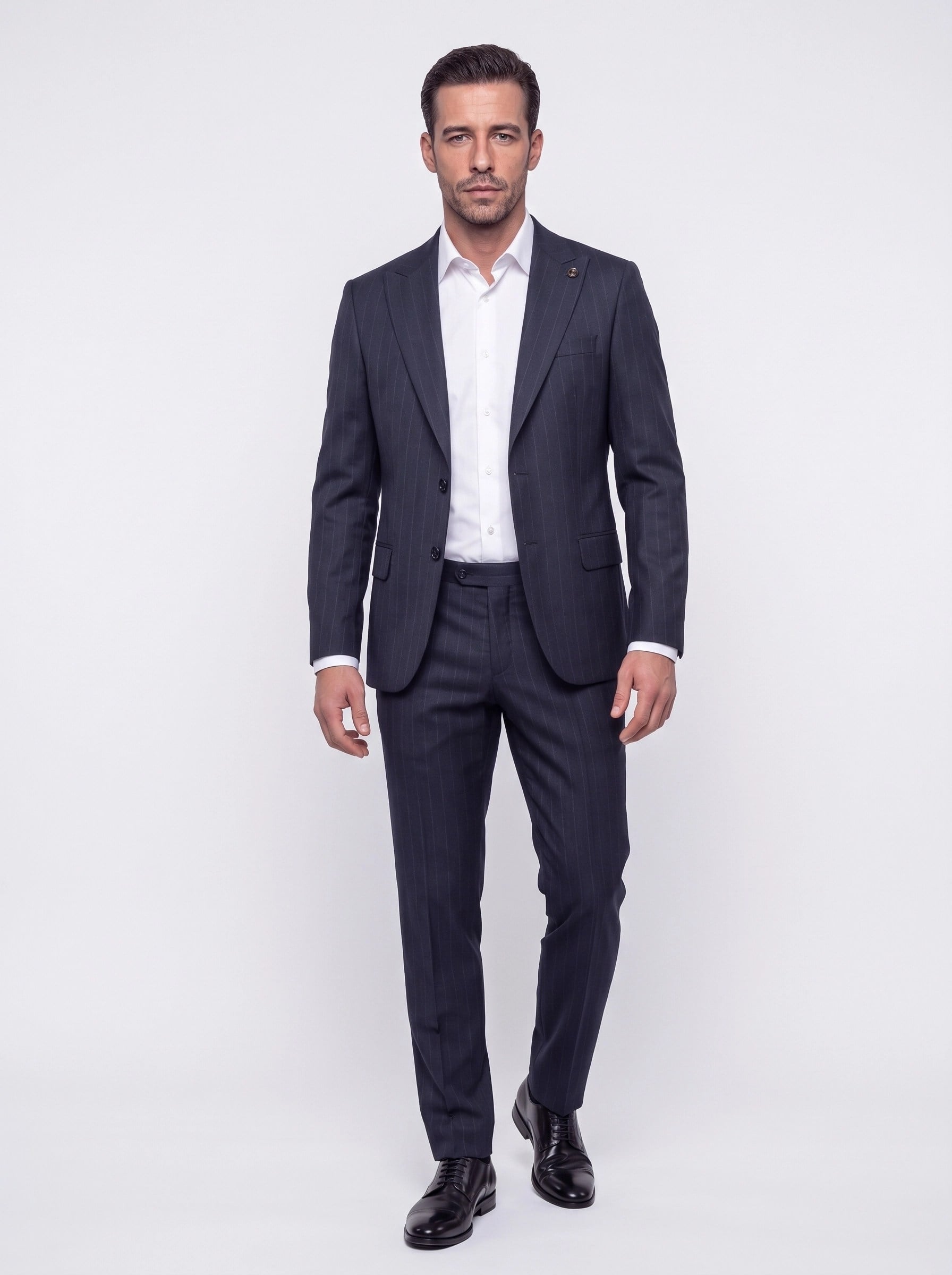 Lacivert Sivri Yaka Regular Fit 6 Drop Çizgili Takım Elbise