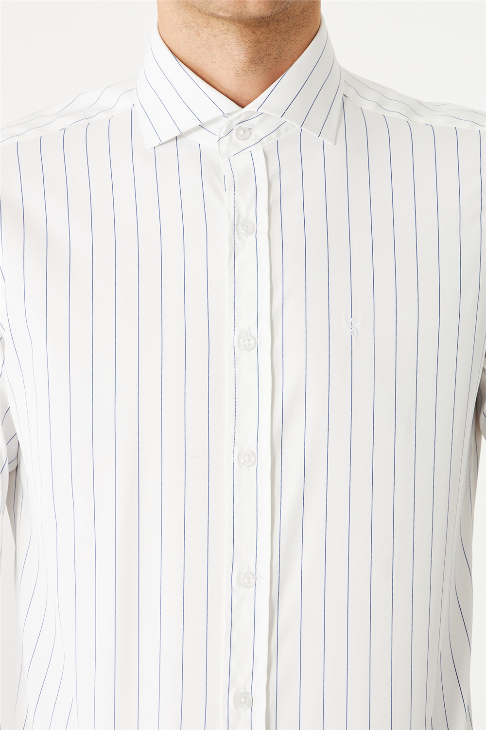 Beyaz Mavi Çizgili Uzun Kollu Gömlek Slim Fit