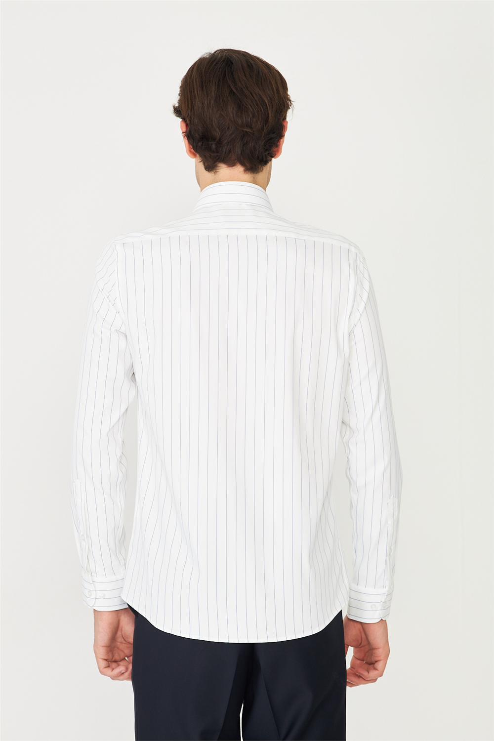 Beyaz Mavi Çizgili Uzun Kollu Gömlek Slim Fit