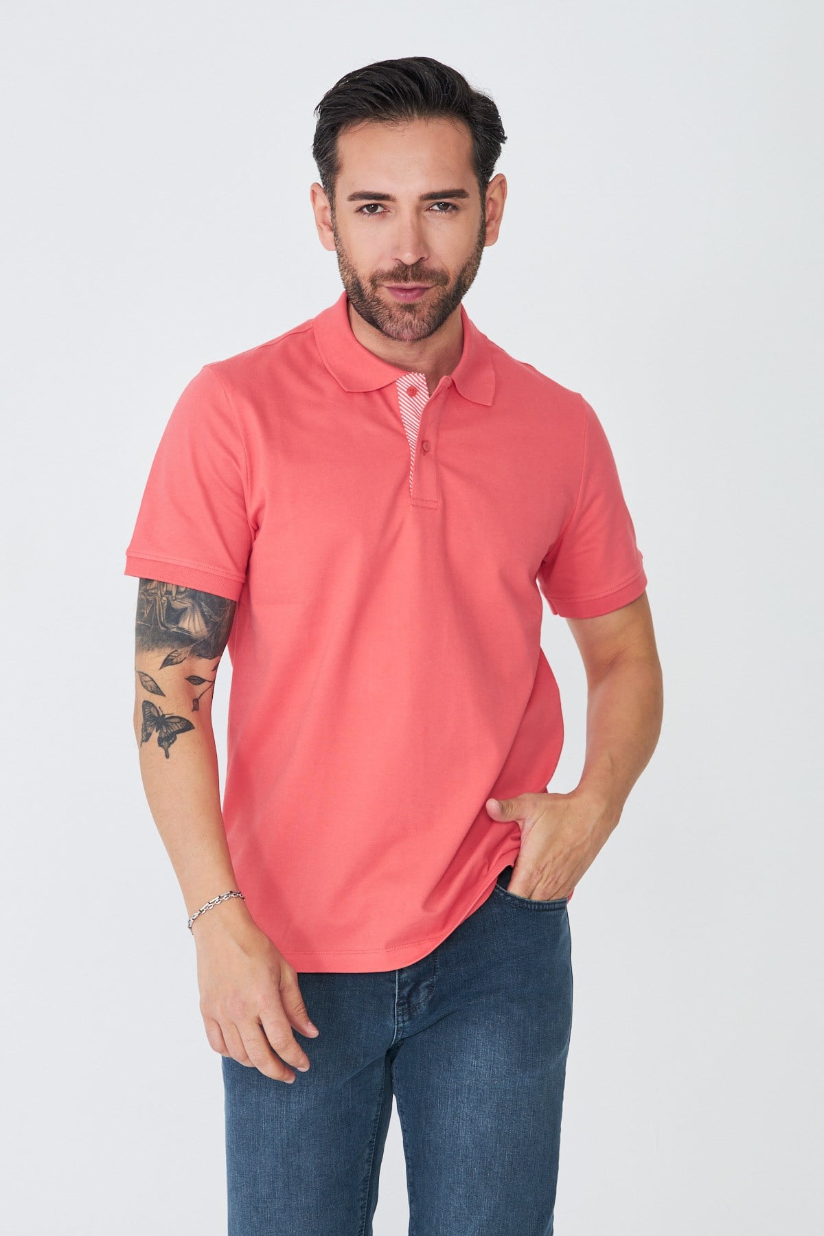 Mercan Rengi Çift Düğmeli Klasik Polo Yaka Tişört